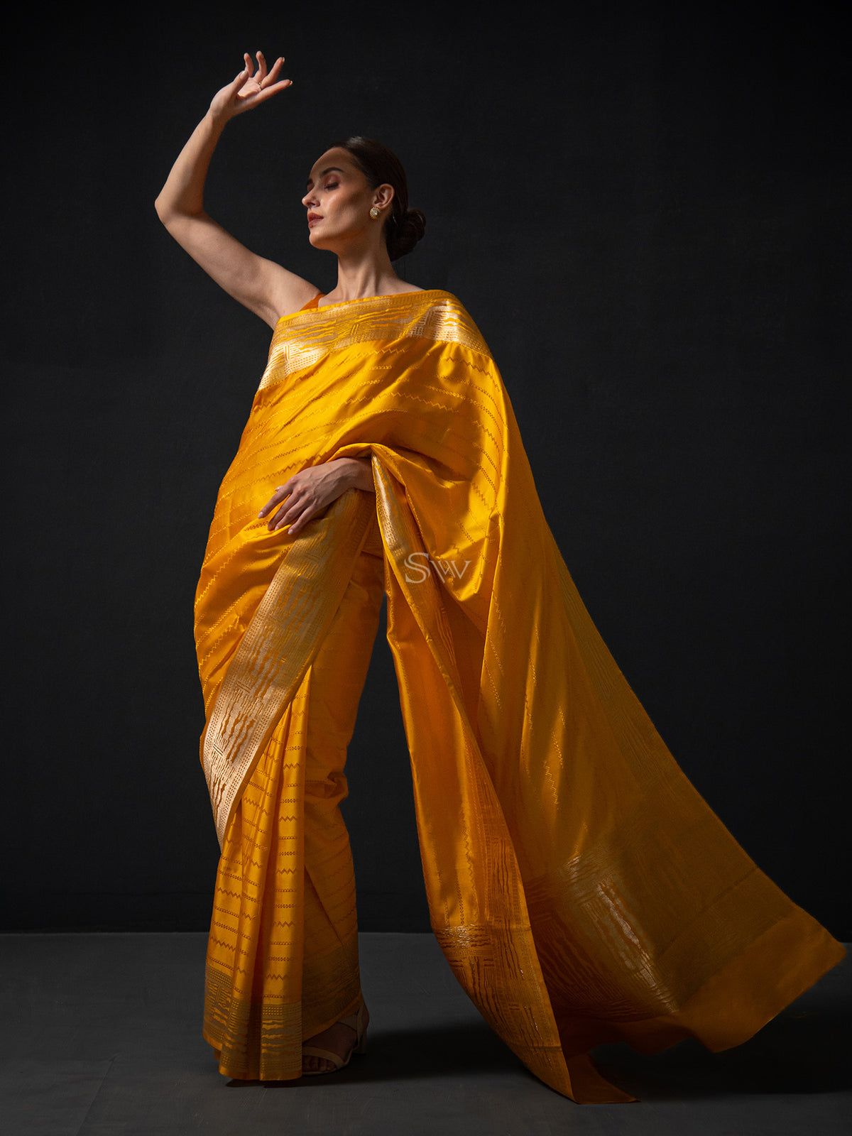 Mustard Stripe Satin Tanchoi Handloom Banarasi Saree - Sacred Weaves