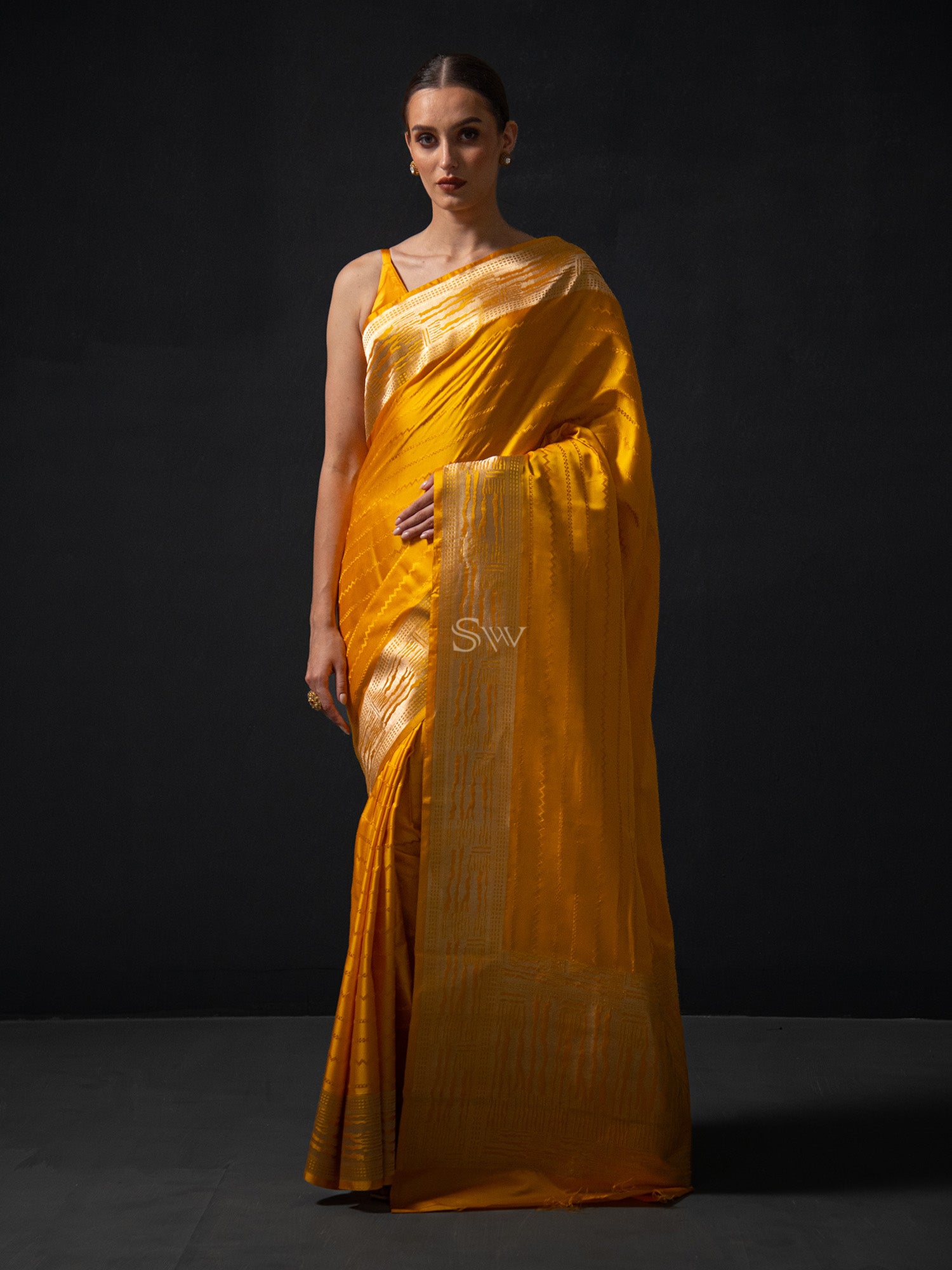 Mustard Stripe Satin Tanchoi Handloom Banarasi Saree - Sacred Weaves