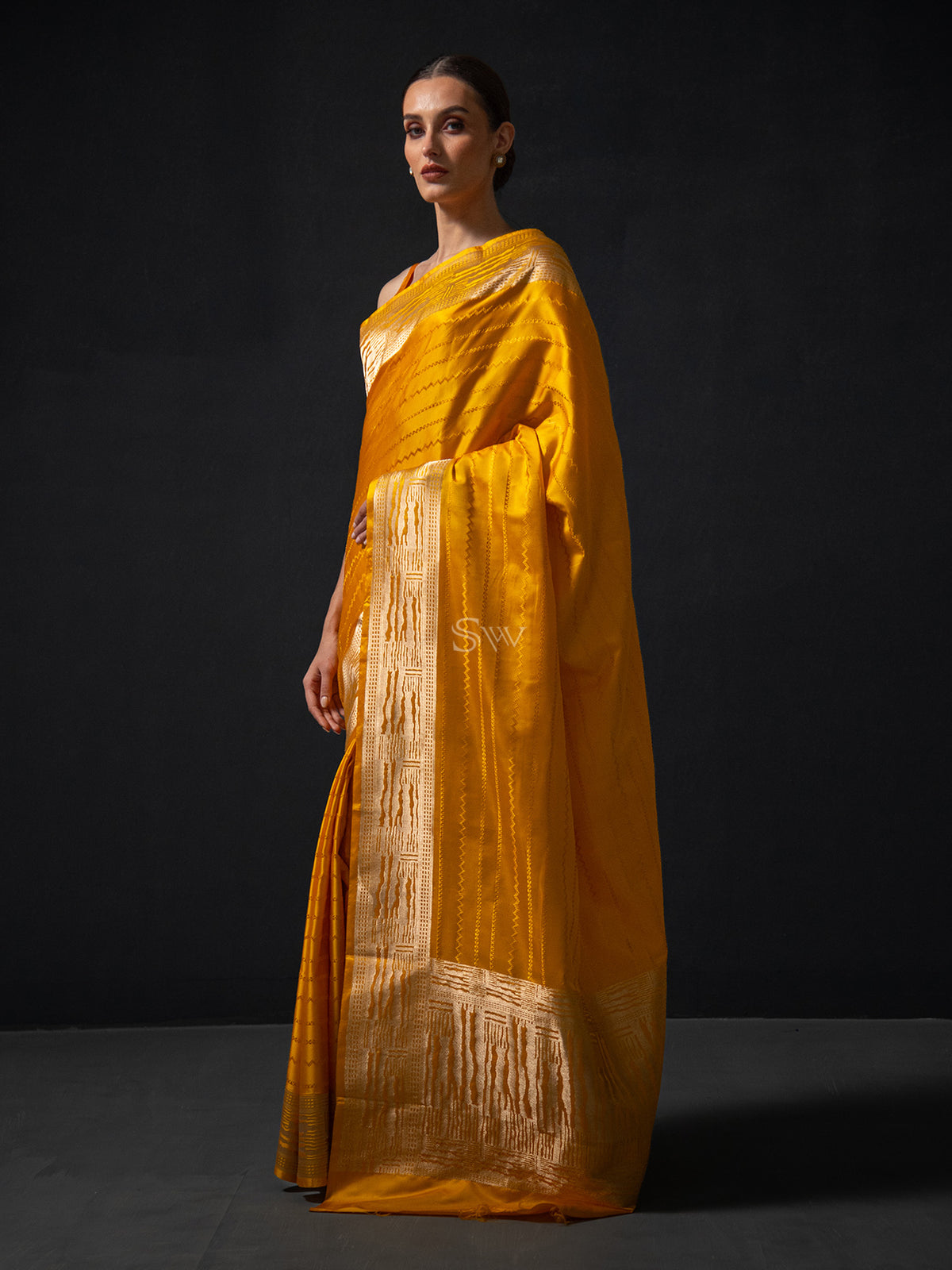 Mustard Stripe Satin Tanchoi Handloom Banarasi Saree - Sacred Weaves