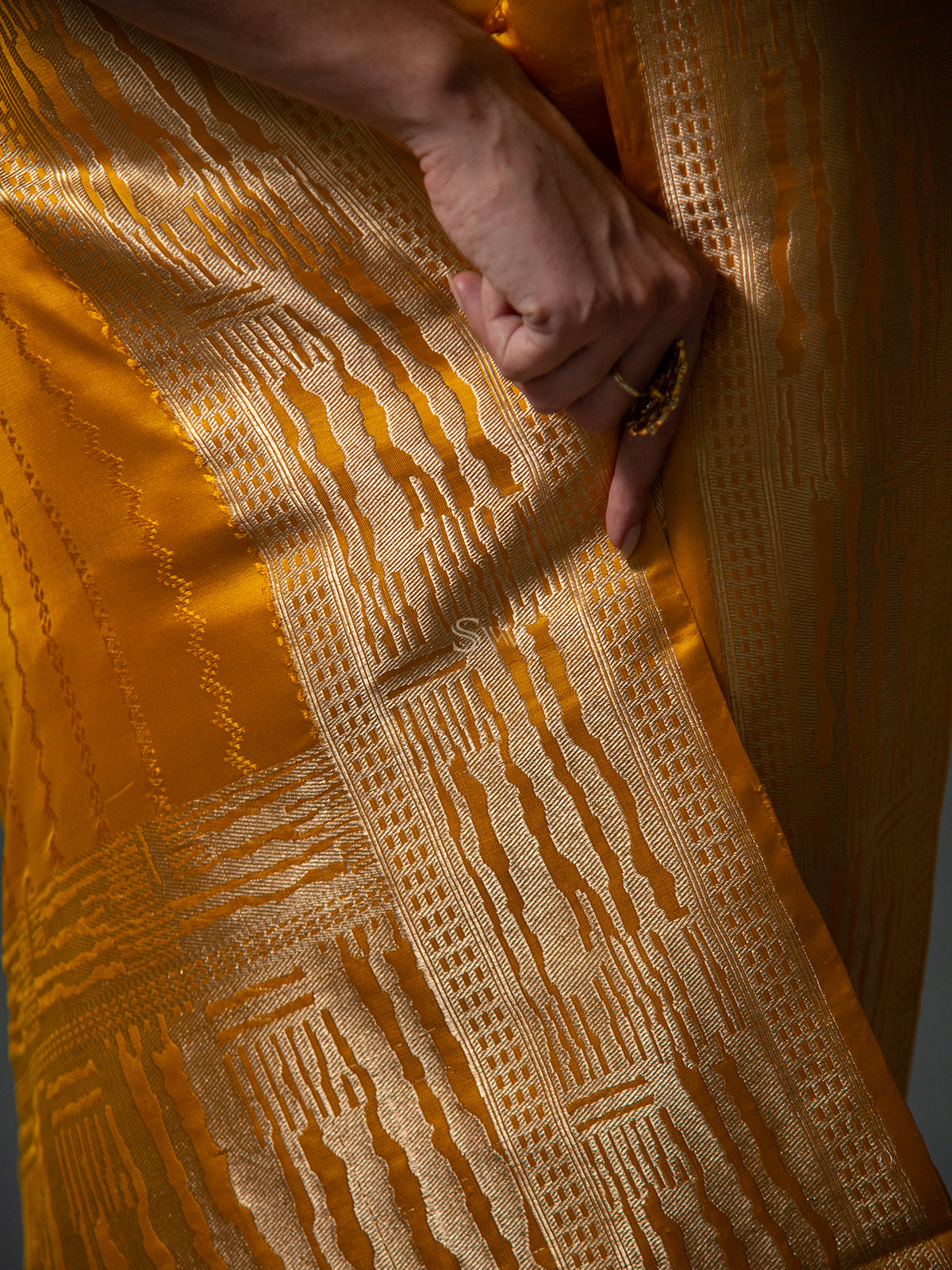 Mustard Stripe Satin Tanchoi Handloom Banarasi Saree - Sacred Weaves