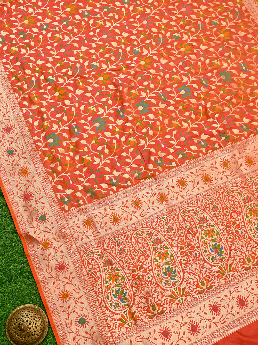 Orange Pink Meenakari Jaal Katan Silk Handloom Banarasi Saree