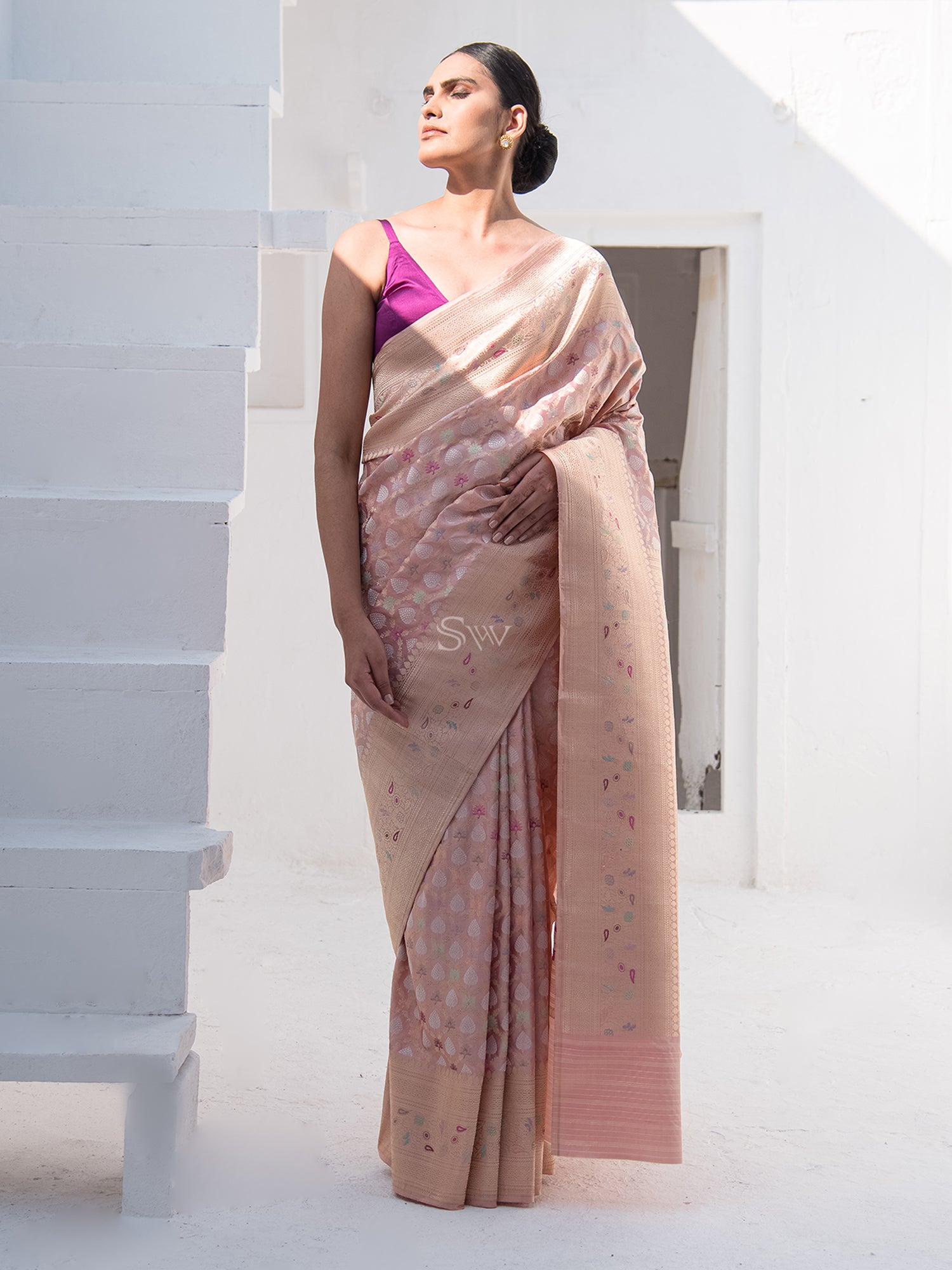 Peach Meenakari Katan Silk Handloom Banarasi Saree - Sacred Weaves