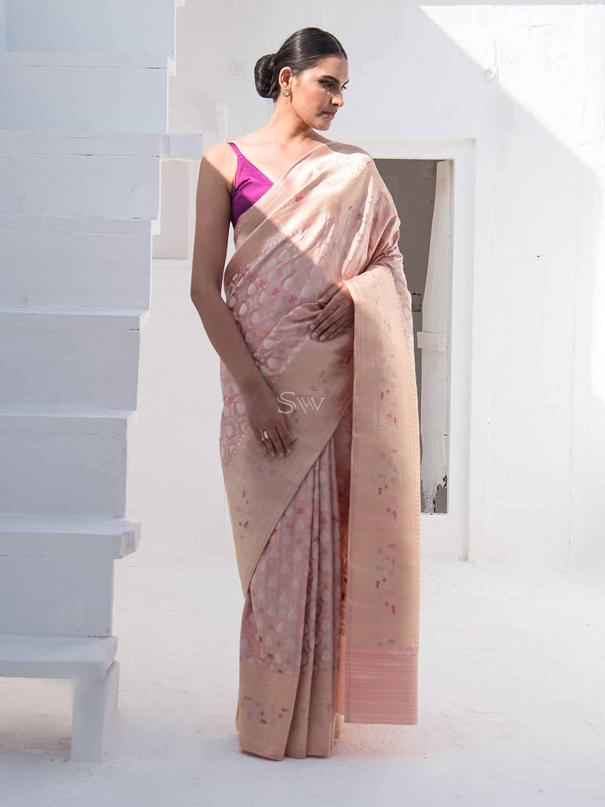 Pastel Pink Meenakari Katan Silk Handloom Banarasi Saree - Sacred Weaves