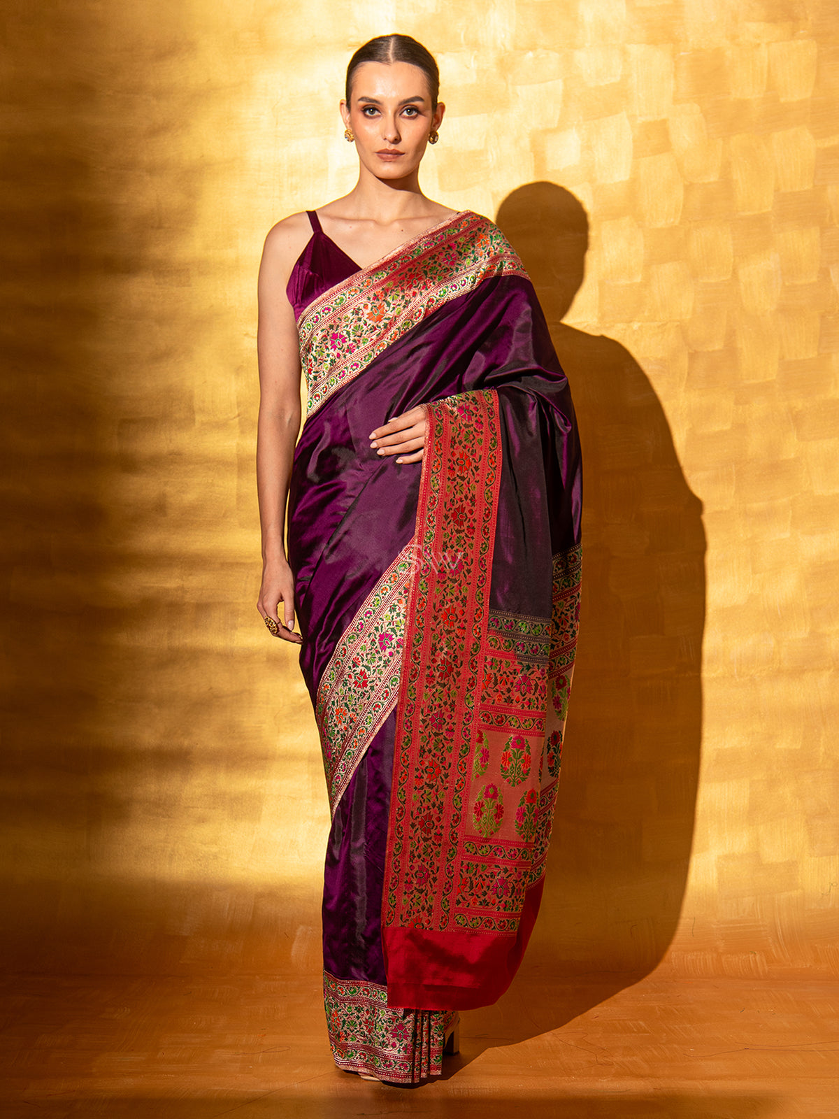 Wine Paithani Katan Silk Handloom Banarasi Saree - Sacred Weaves