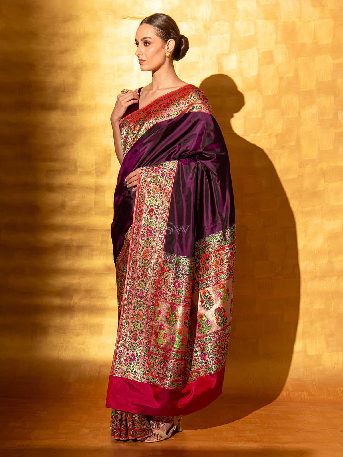 Wine Paithani Katan Silk Handloom Banarasi Saree - Sacred Weaves