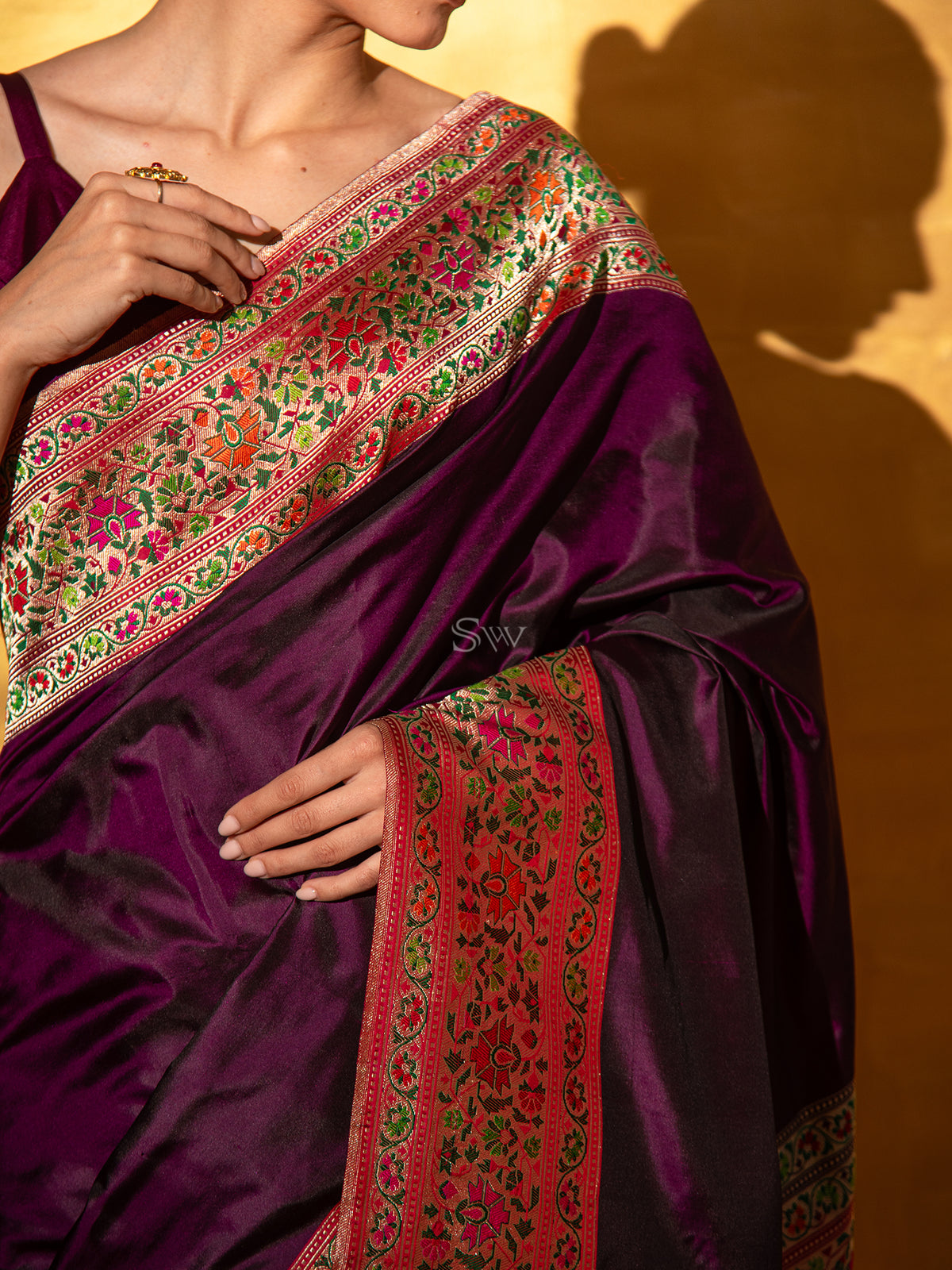 Wine Paithani Katan Silk Handloom Banarasi Saree - Sacred Weaves