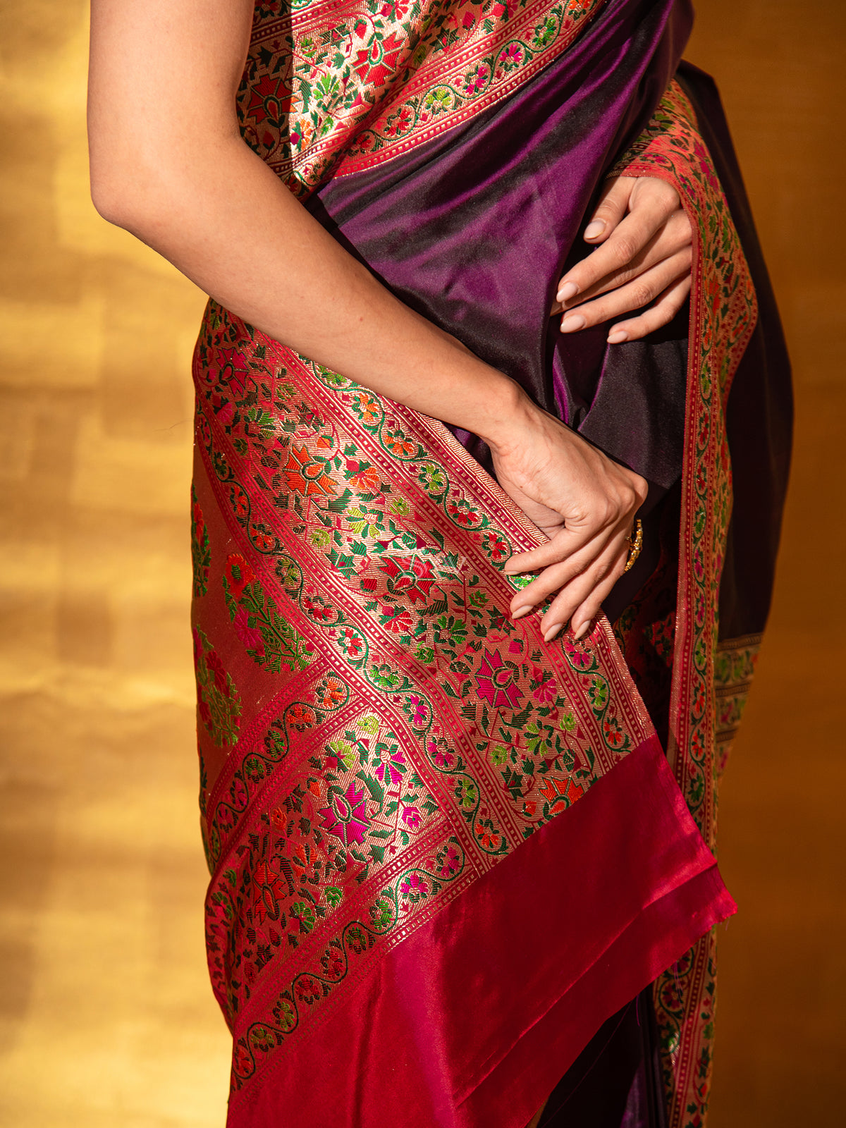 Wine Paithani Katan Silk Handloom Banarasi Saree - Sacred Weaves