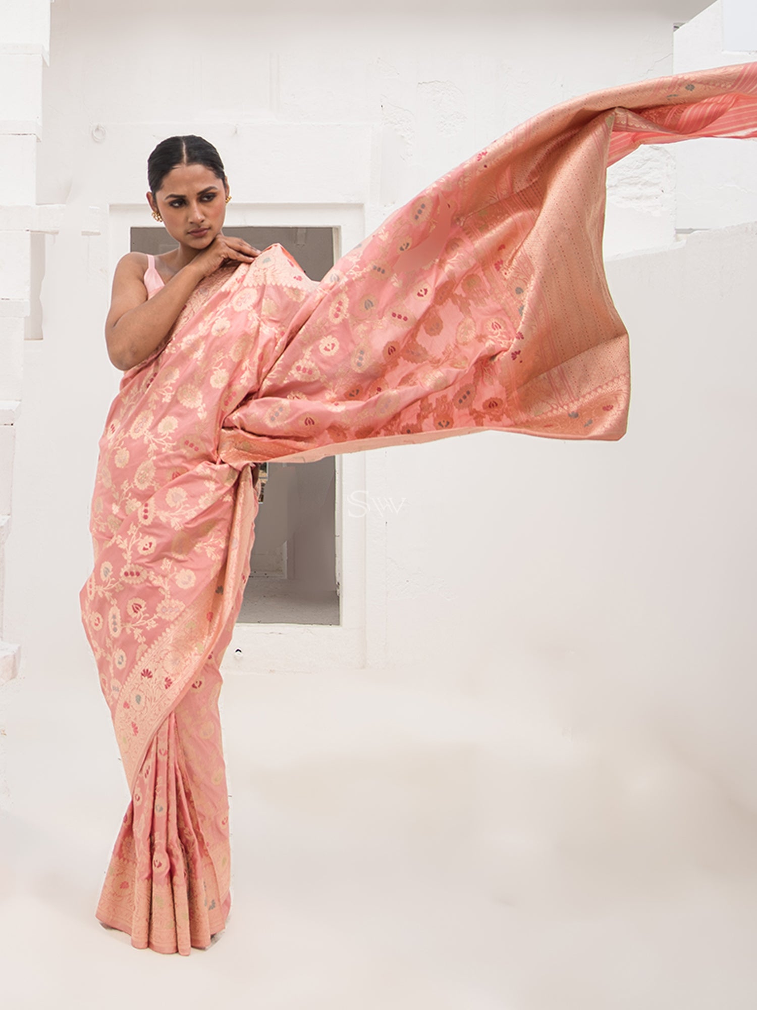 Pastel Pink Meenakari Katan Silk Handloom Banarasi Saree - Sacred Weaves