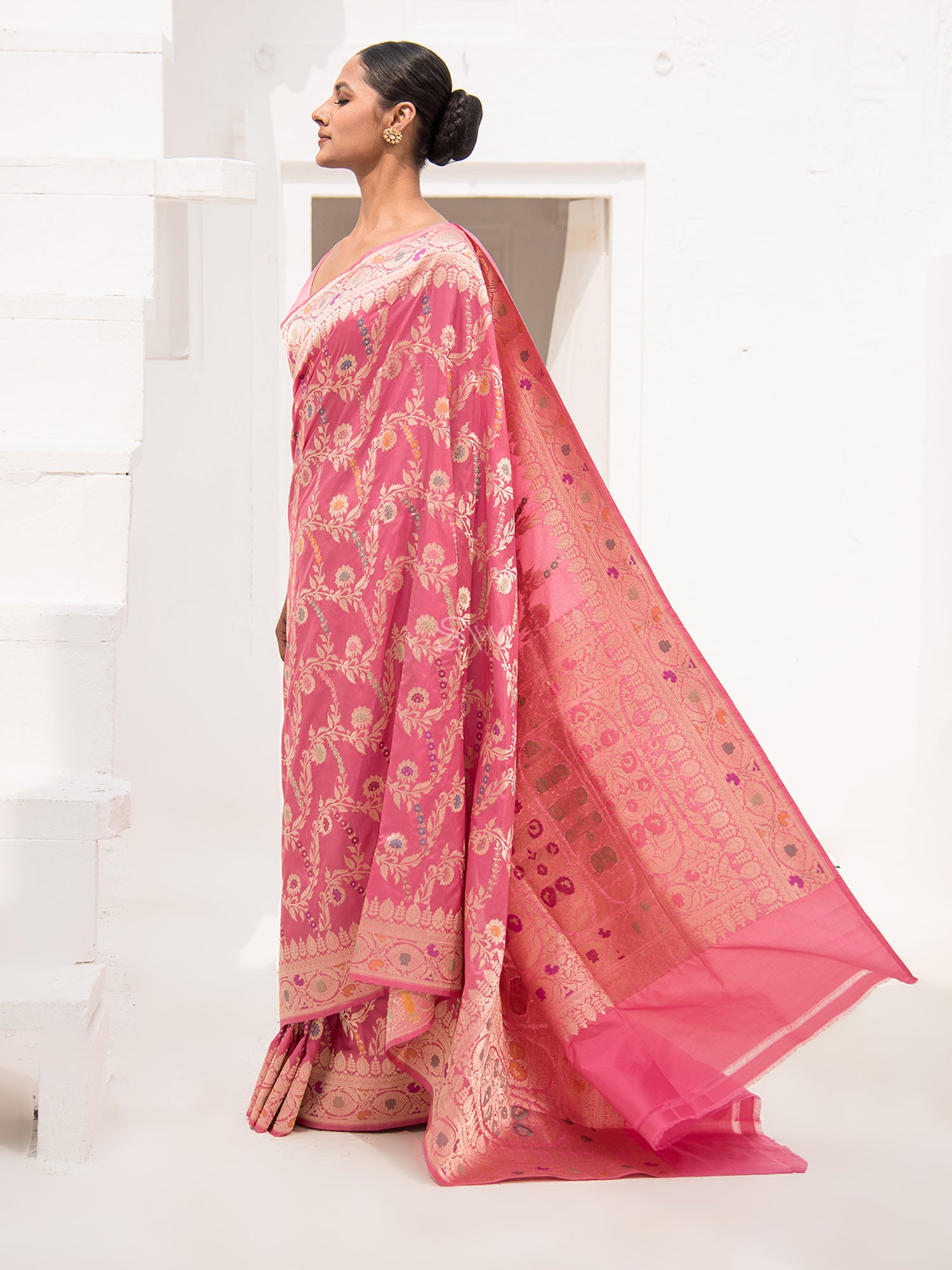 Onion Pink Meenakari Katan Silk Handloom Banarasi Saree - Sacred Weaves