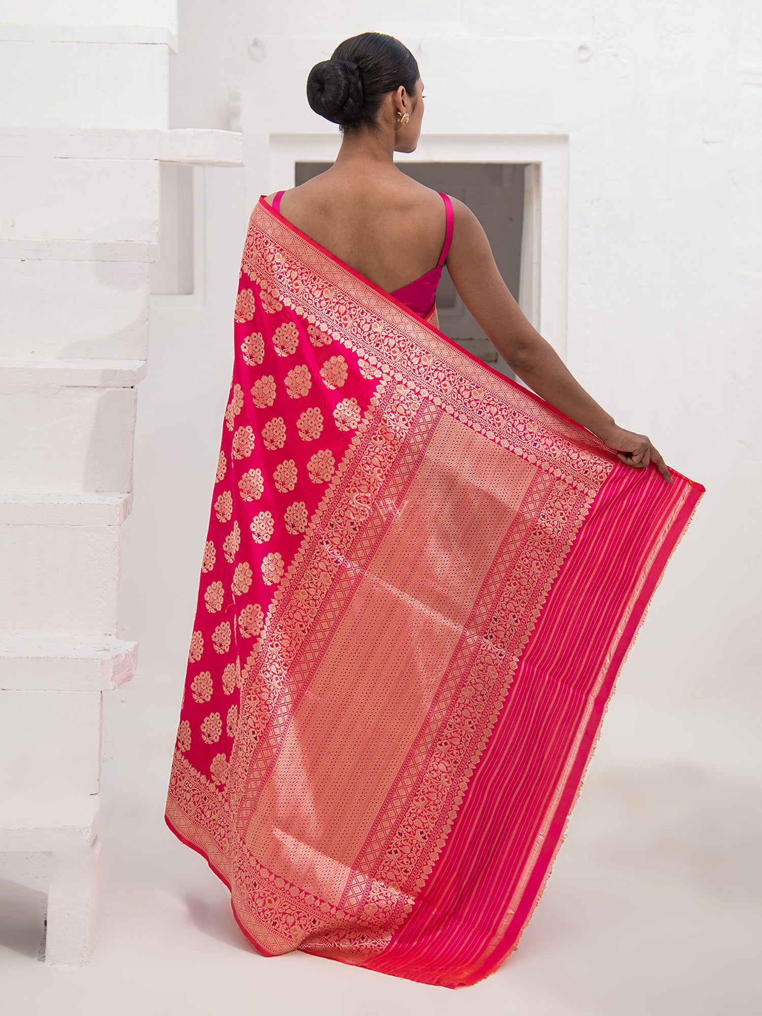 Peach Meenakari Katan Silk Handloom Banarasi Saree - Sacred Weaves