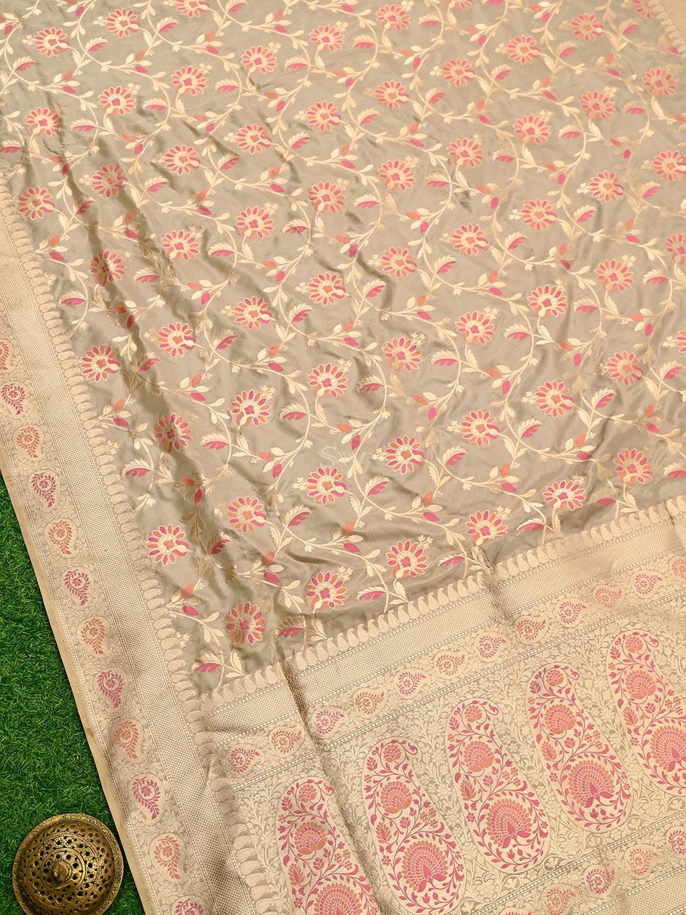 Dark Beige Meenakari Jaal Katan Silk Handloom Banarasi Saree