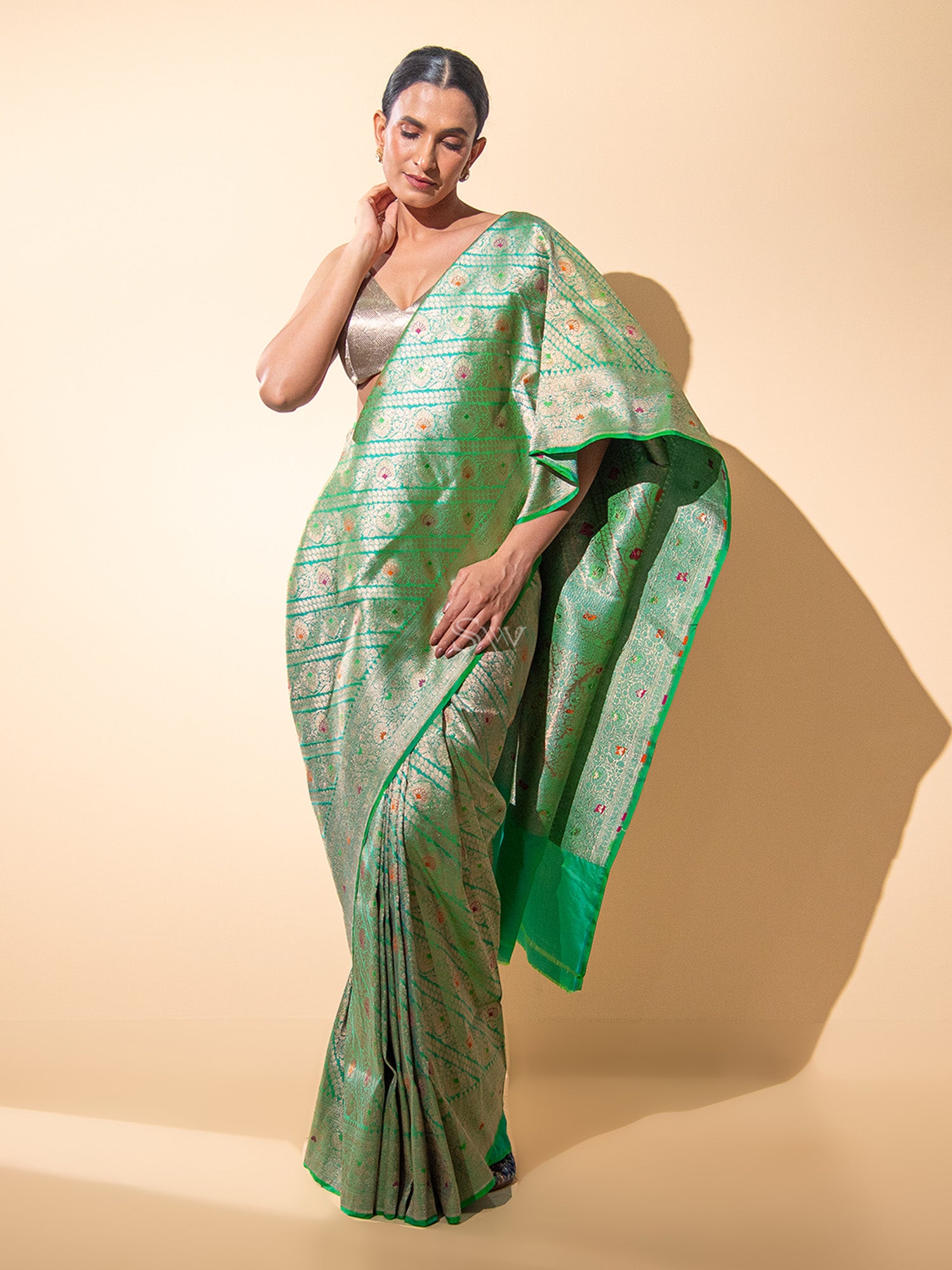 Pista Green Meenakari Brocade Handloom Banarasi Saree - Sacred Weaves