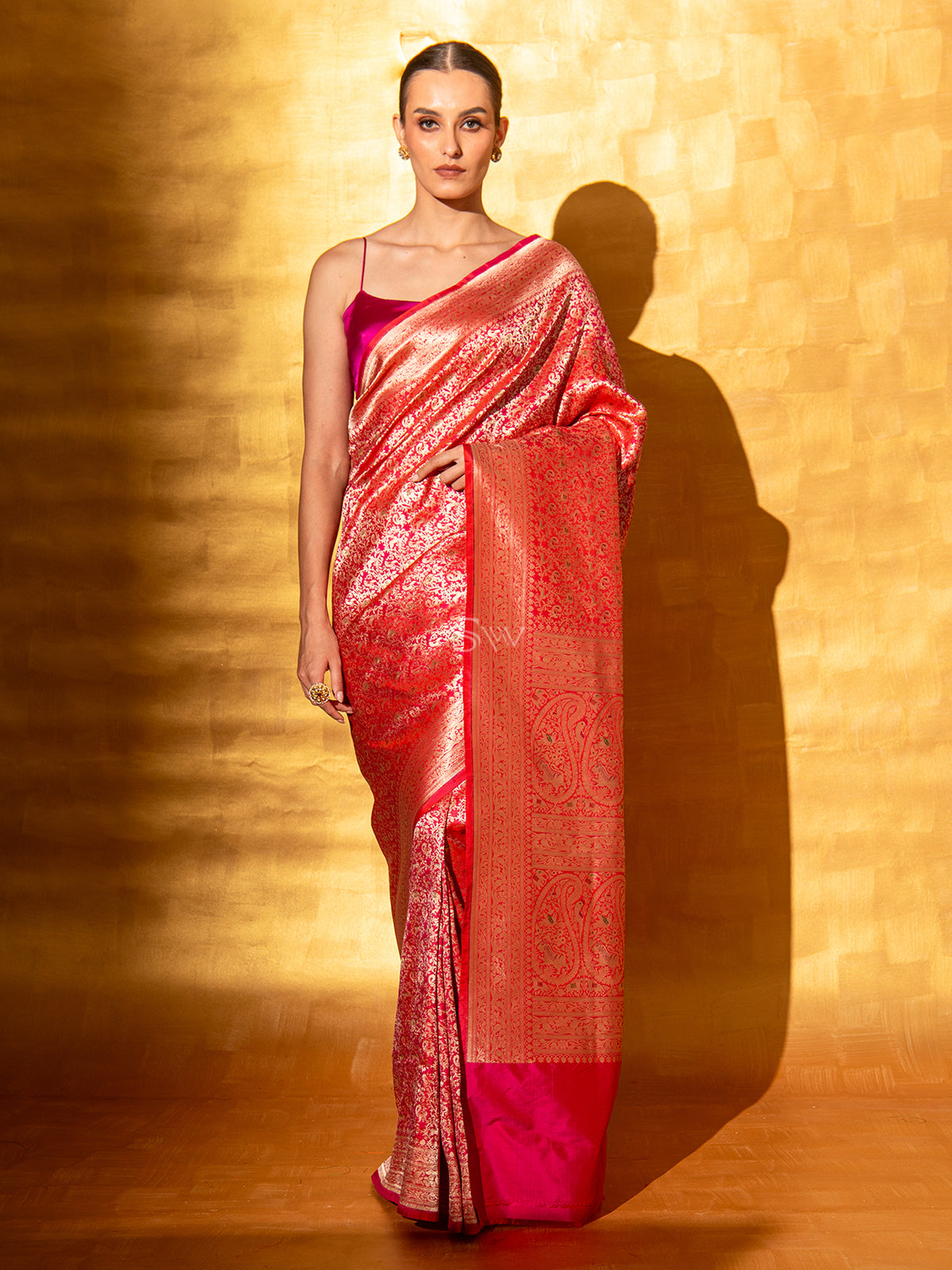 Pink Orange Shikargah Katan Silk Handloom Banarasi Saree - Sacred Weaves