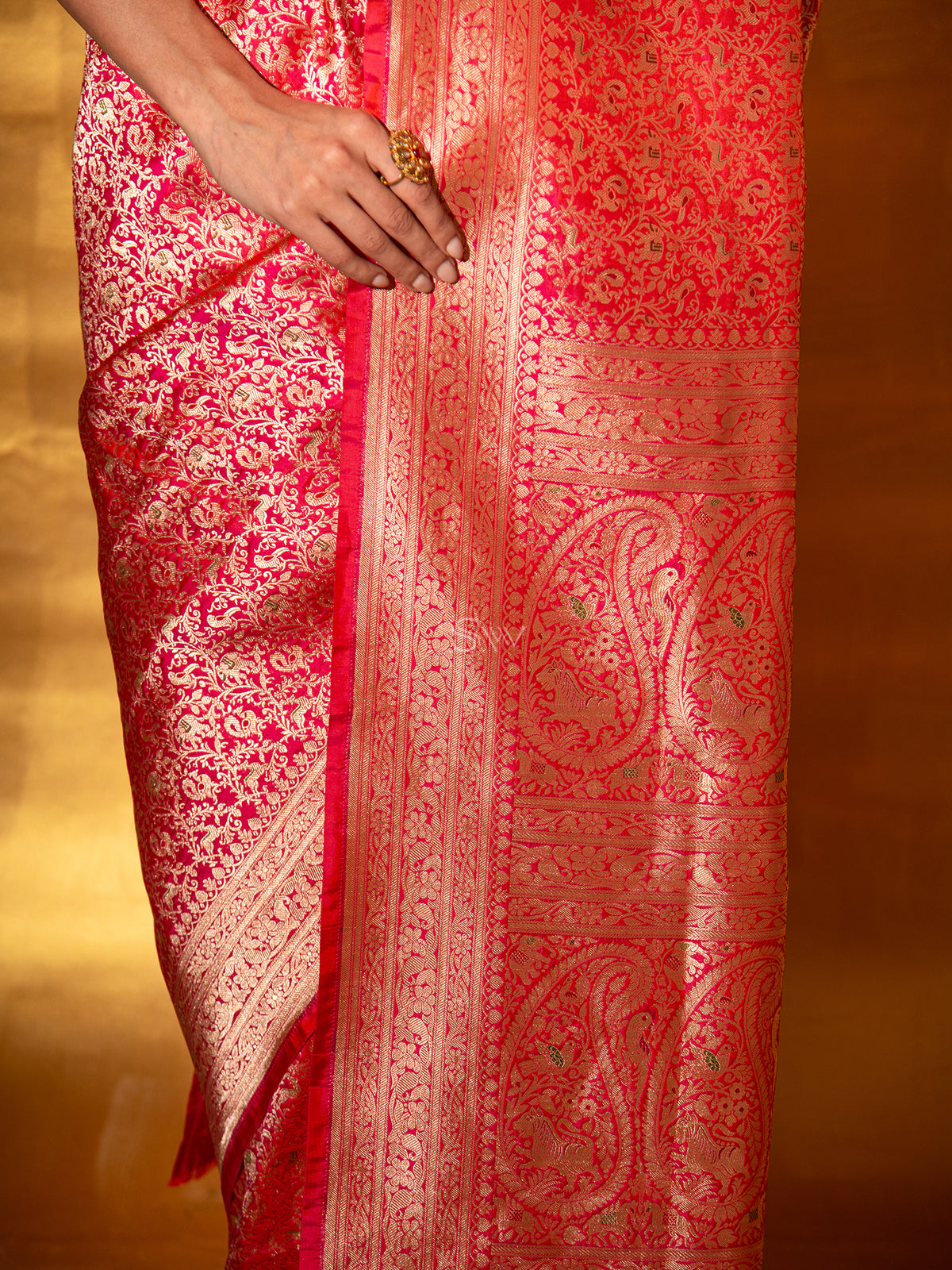 Pink Orange Shikargah Katan Silk Handloom Banarasi Saree - Sacred Weaves