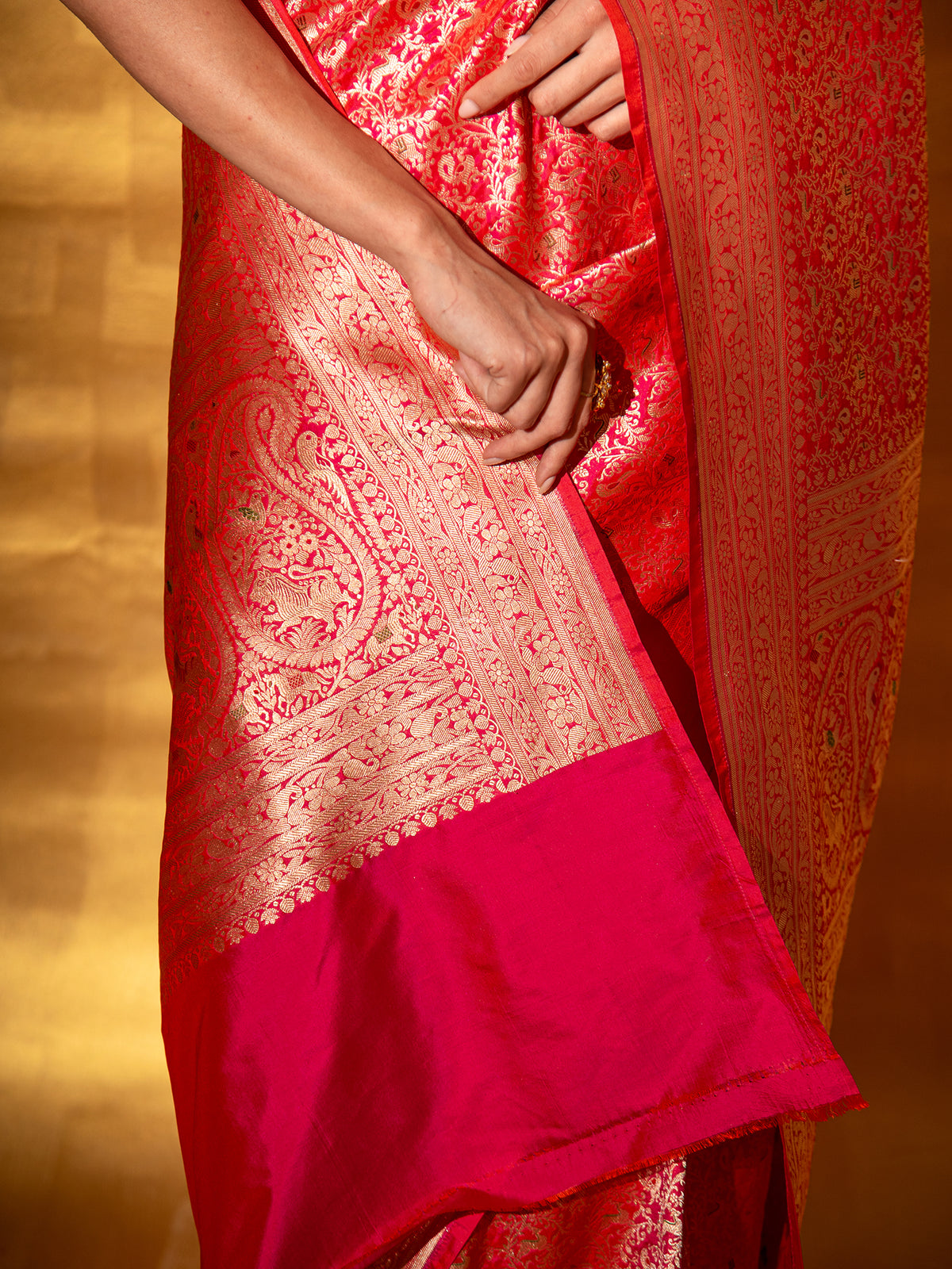 Pink Orange Shikargah Katan Silk Handloom Banarasi Saree - Sacred Weaves