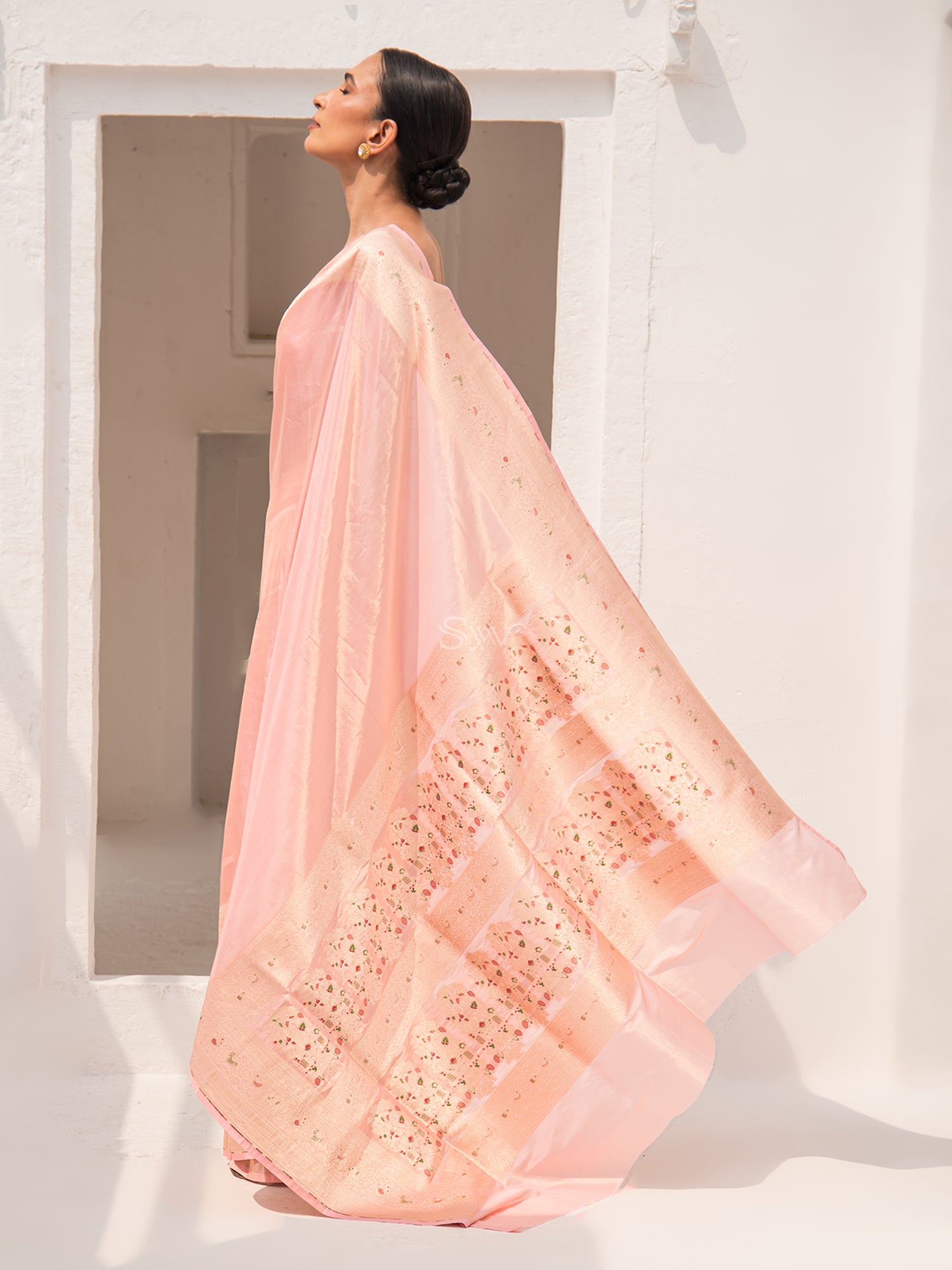 Pastel Pink Plain Tissue Katan Silk Handloom Banarasi Saree - Sacred Weaves