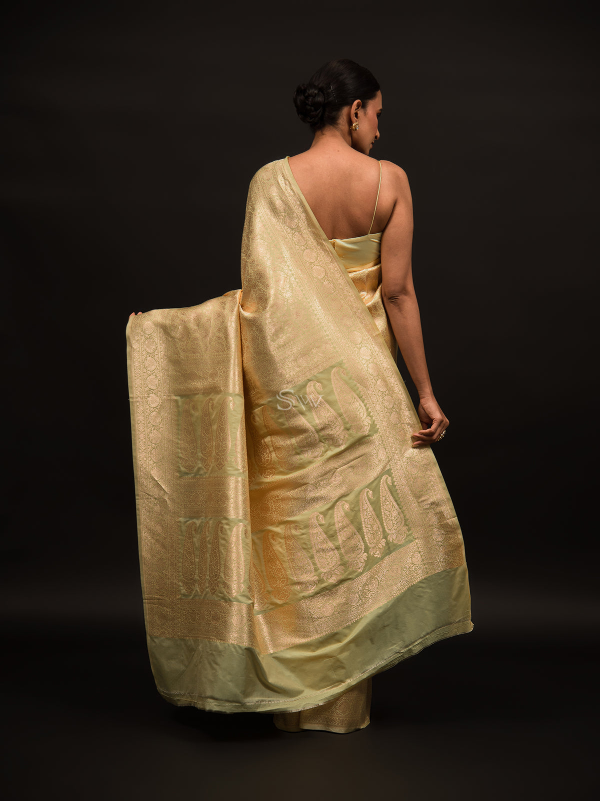 Pastel Moss Green Brocade Katan Silk Handloom Banarasi Saree  - Sacred Weaves