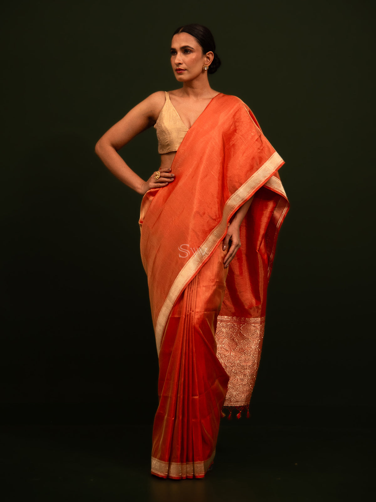 Dark Orange Tissue Katan Silk Handloom Banarasi Saree - Sacred Weaves