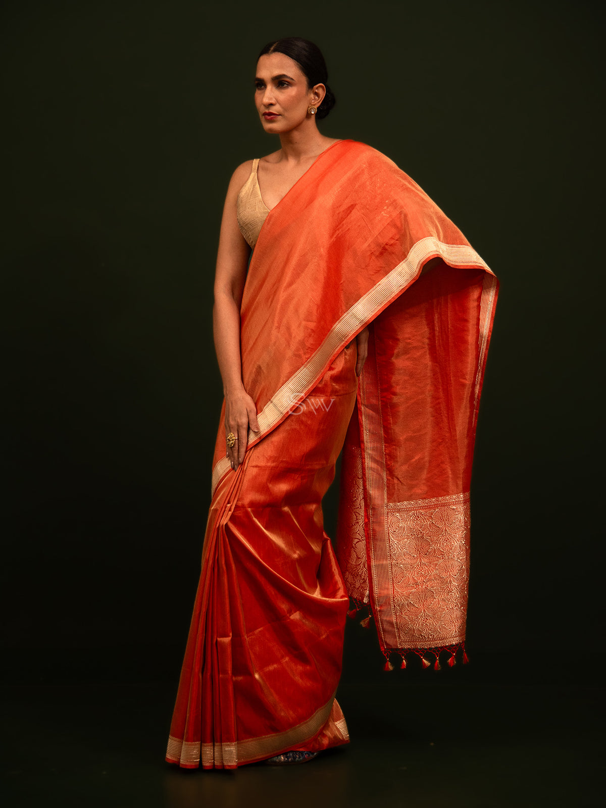 Dark Orange Tissue Katan Silk Handloom Banarasi Saree - Sacred Weaves