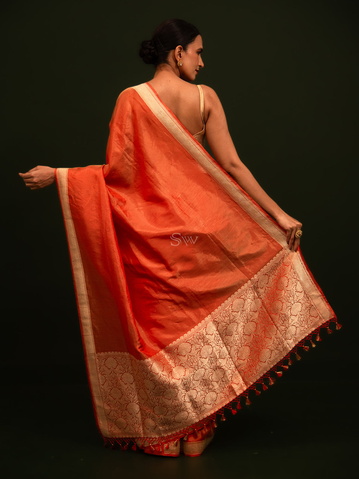 Dark Orange Tissue Katan Silk Handloom Banarasi Saree - Sacred Weaves