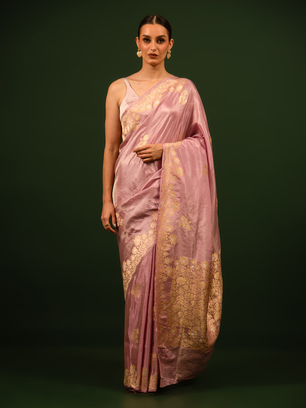 Mauve Sona Roopa Boota Katan Silk Tissue Handloom Banarasi Saree - Sacred Weaves