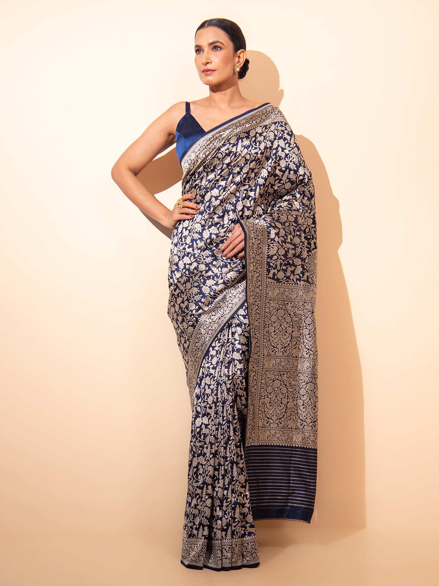 Inky Blue Shikargah Katan Silk Handloom Banarasi Saree - Sacred Weaves