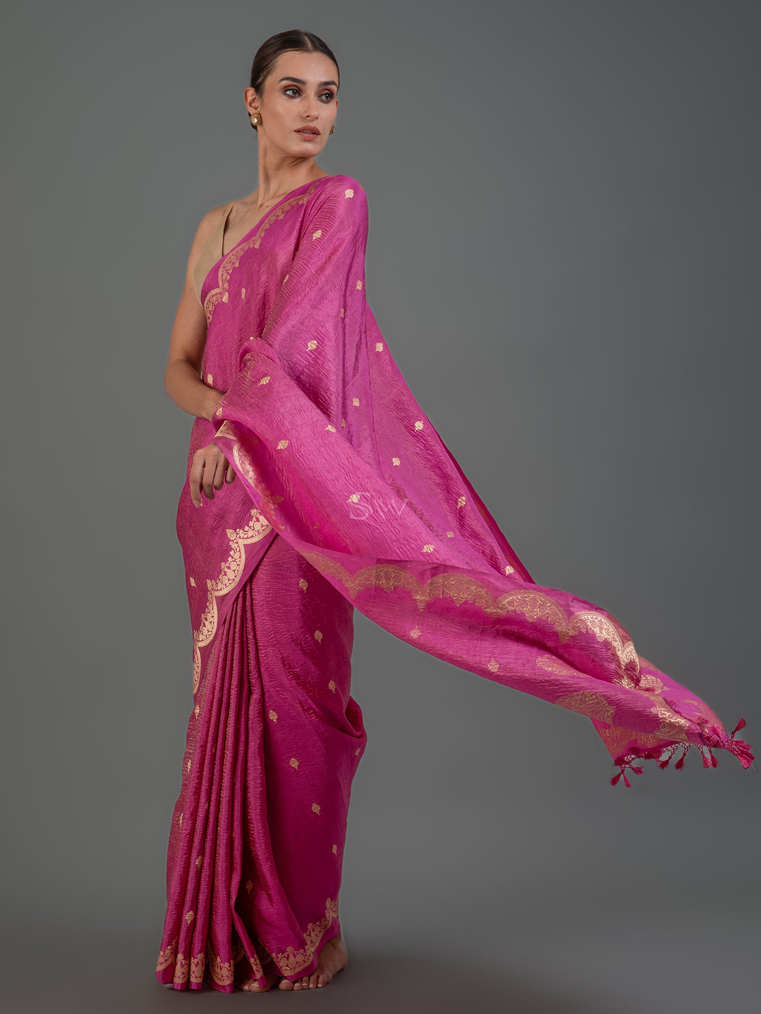 Bright Pink Crush Tissue Silk Handloom Banarasi Saree - Sacred Weaves