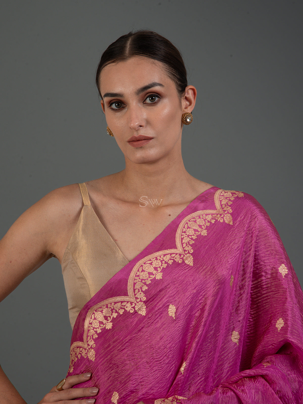 Bright Pink Crush Tissue Silk Handloom Banarasi Saree - Sacred Weaves