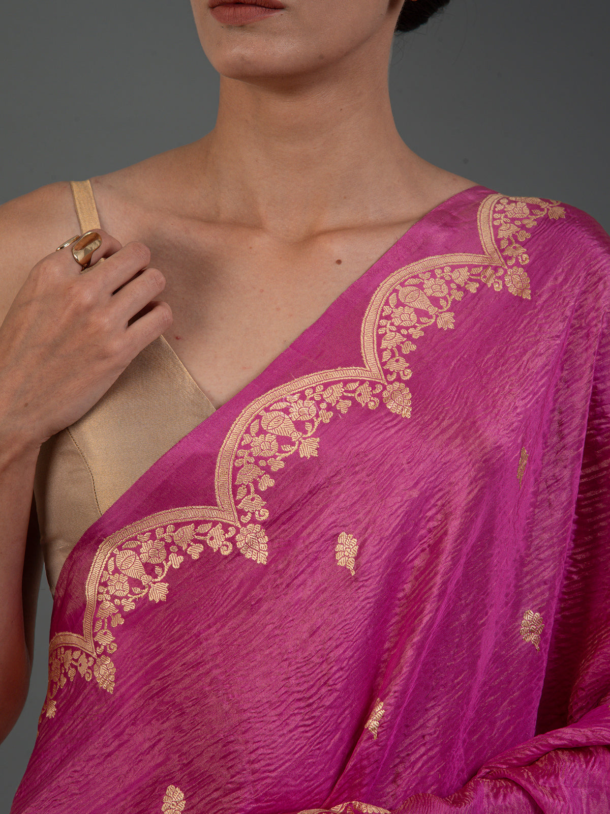 Bright Pink Crush Tissue Silk Handloom Banarasi Saree - Sacred Weaves