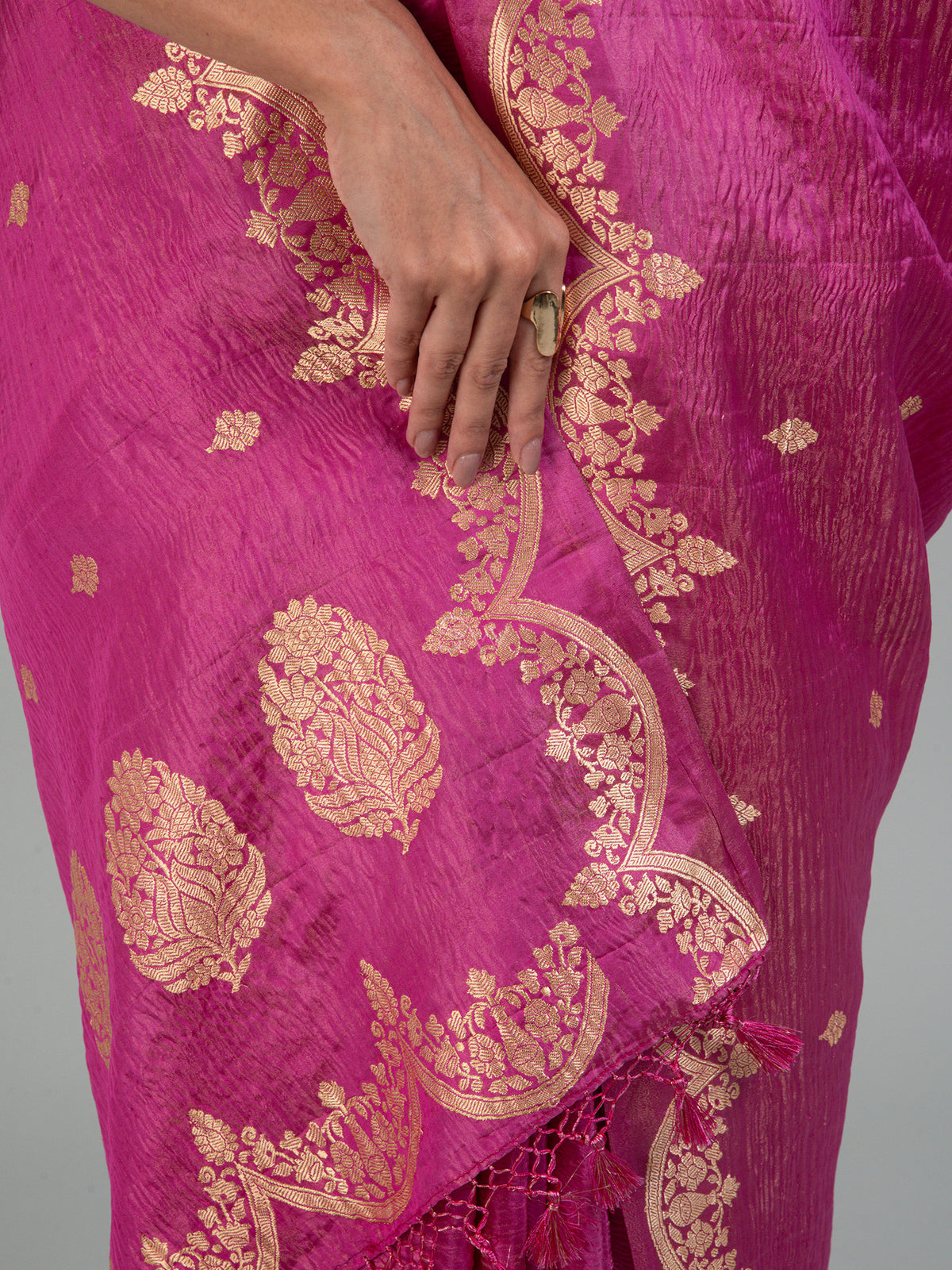 Bright Pink Crush Tissue Silk Handloom Banarasi Saree - Sacred Weaves