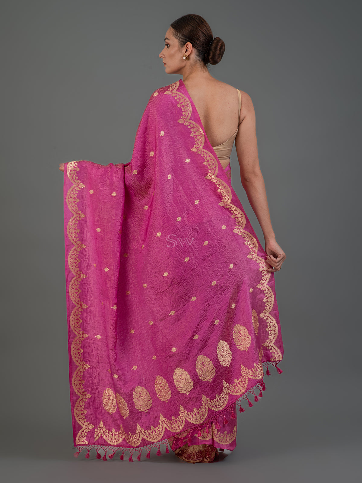 Bright Pink Crush Tissue Silk Handloom Banarasi Saree - Sacred Weaves