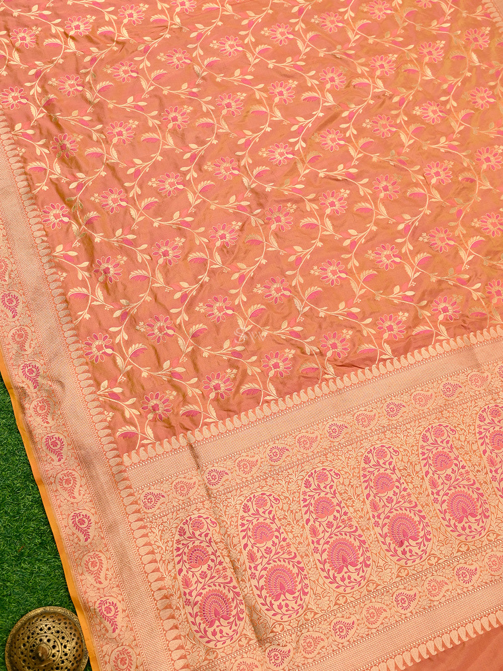 Orange Pink Meenakari Jaal Katan Silk Handloom Banarasi Saree