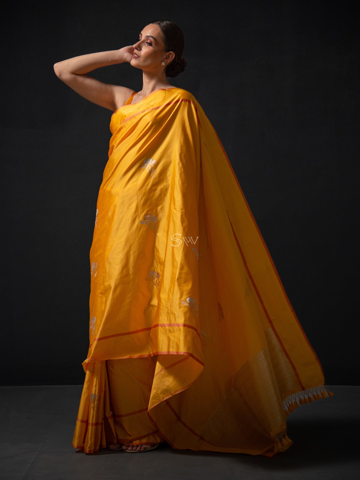 Mustard Boota Satin Silk Handloom Banarasi Saree - Sacred Weaves