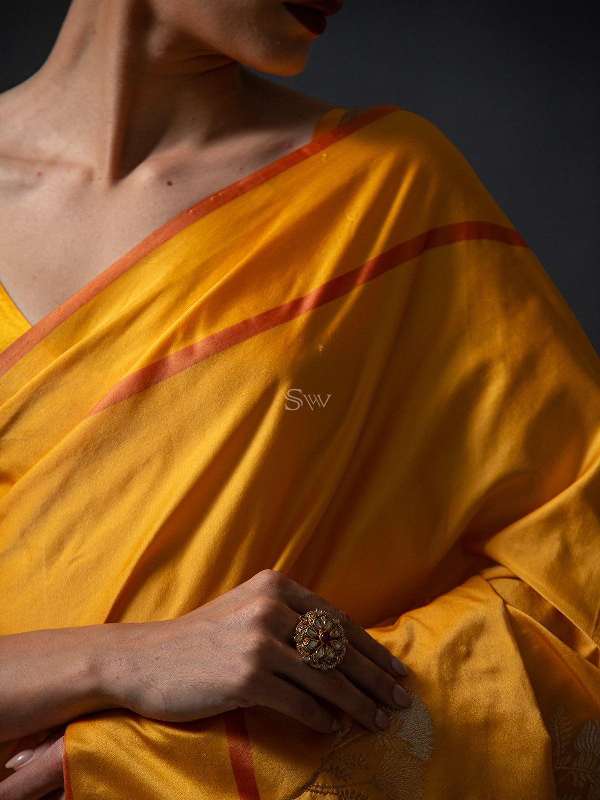 Mustard Boota Satin Silk Handloom Banarasi Saree - Sacred Weaves