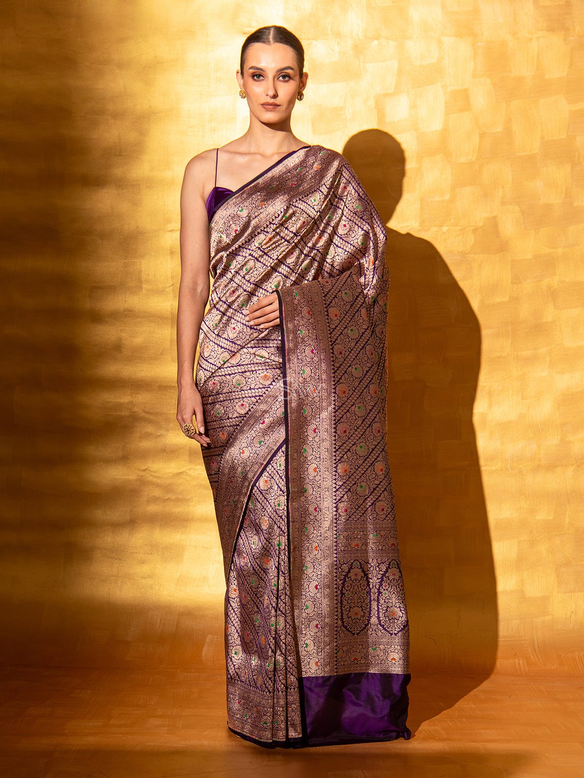 Dark Purple Meenakari Uppada Katan Silk Handloom Banarasi Saree - Sacred Weaves