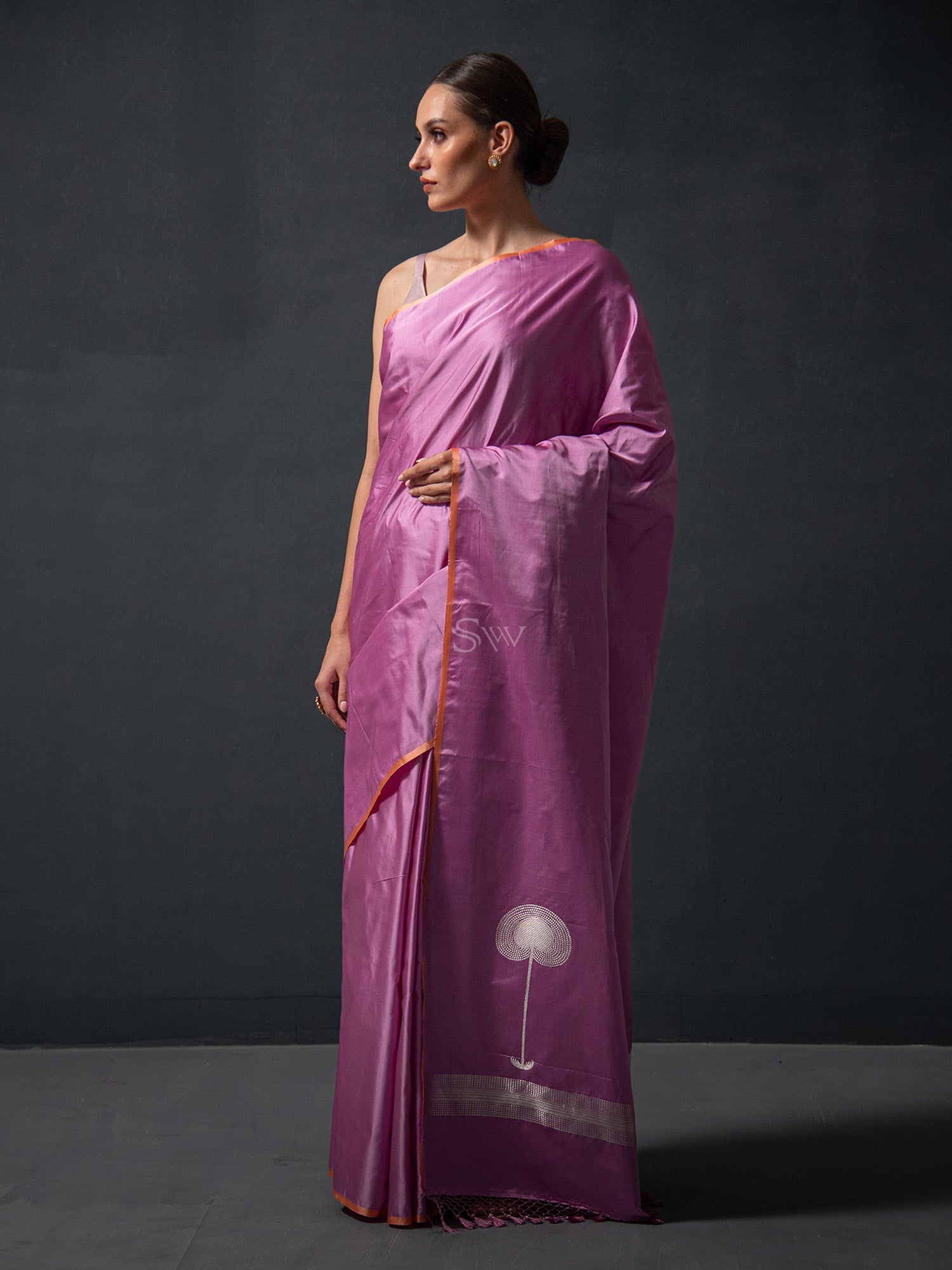 Muave Plain Satin Silk Handloom Banarasi Saree - Sacred Weaves