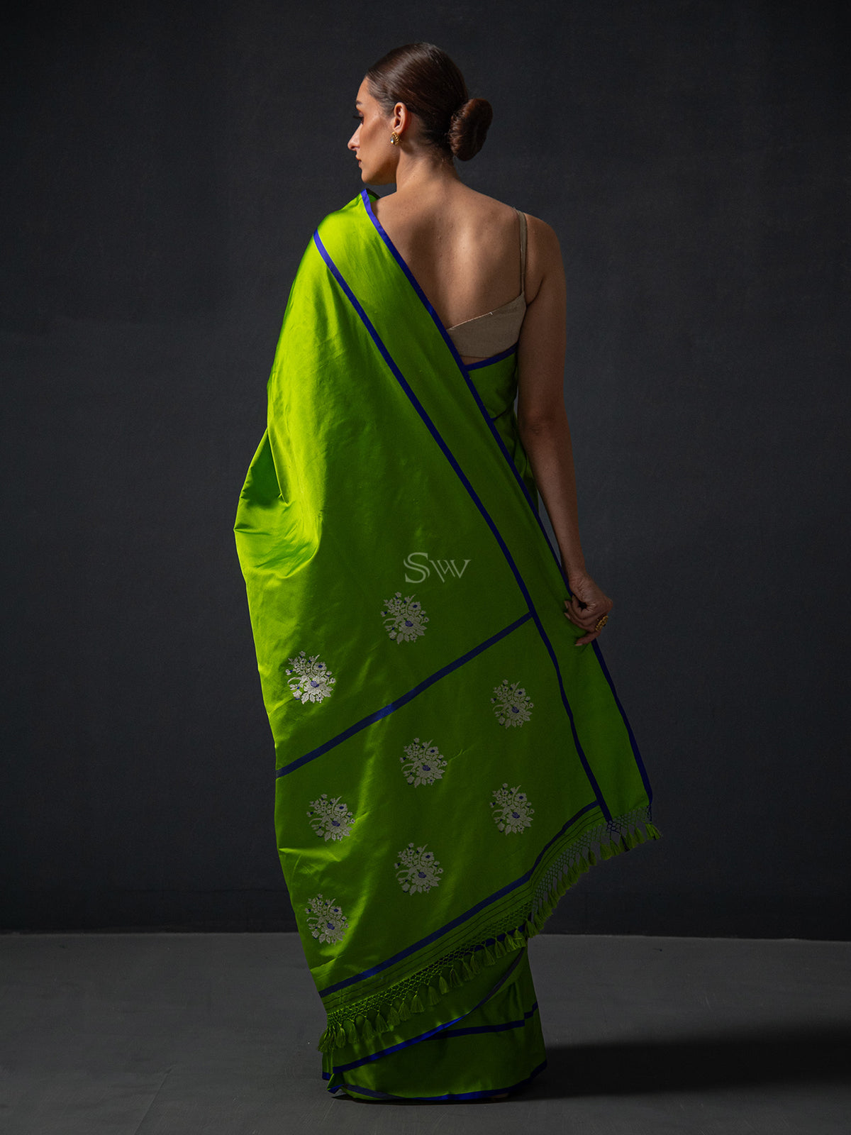 Parrot Green Meenakari Boota Satin Silk Handloom Banarasi Saree - Sacred Weaves