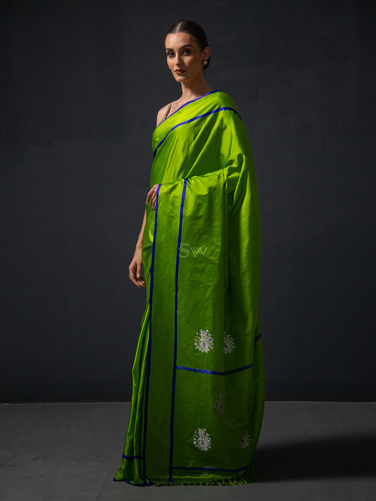 Parrot Green Meenakari Boota Satin Silk Handloom Banarasi Saree - Sacred Weaves