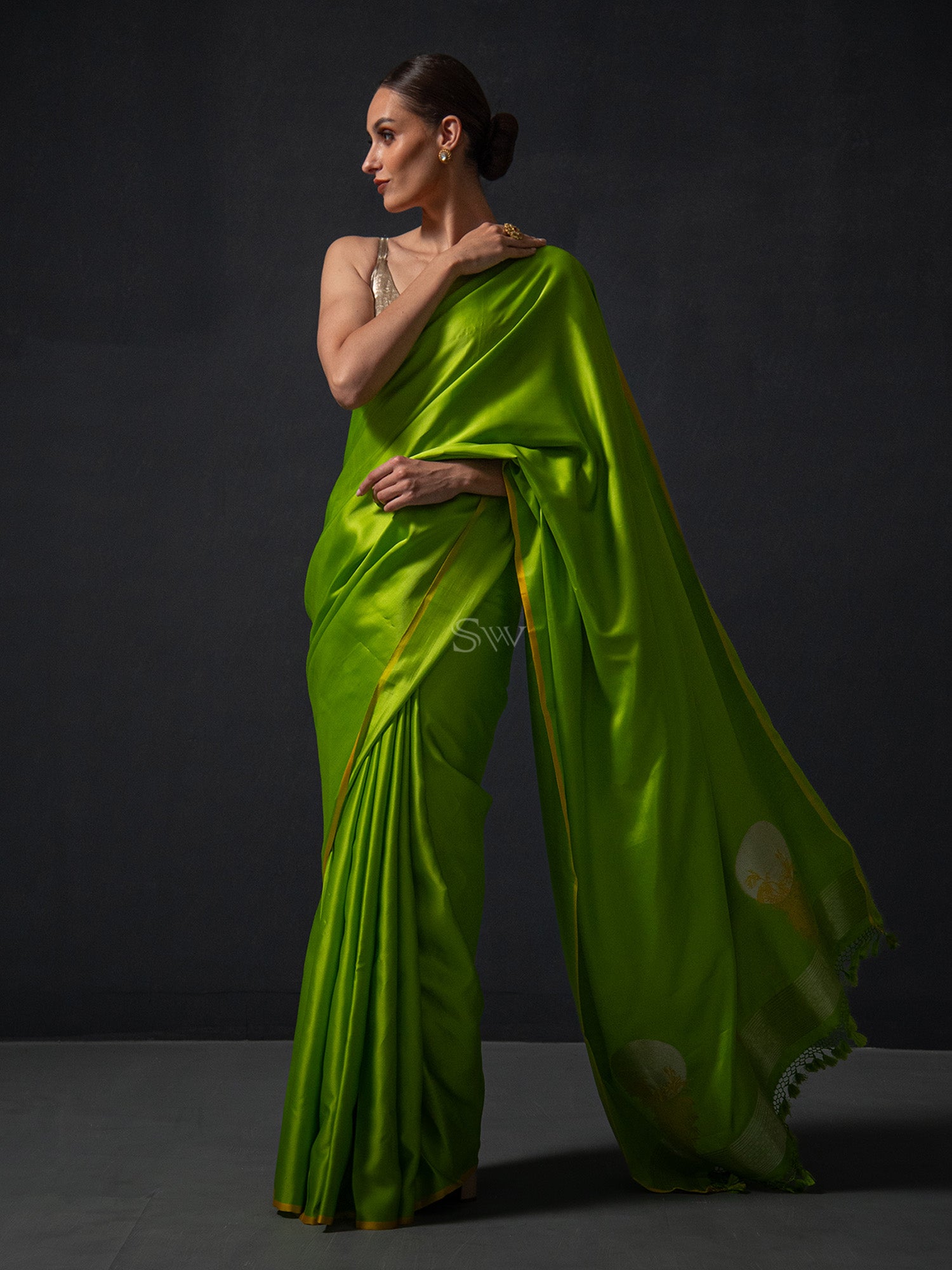 Parrot Green Plain Satin Silk Handloom Banarasi Saree - Sacred Weaves