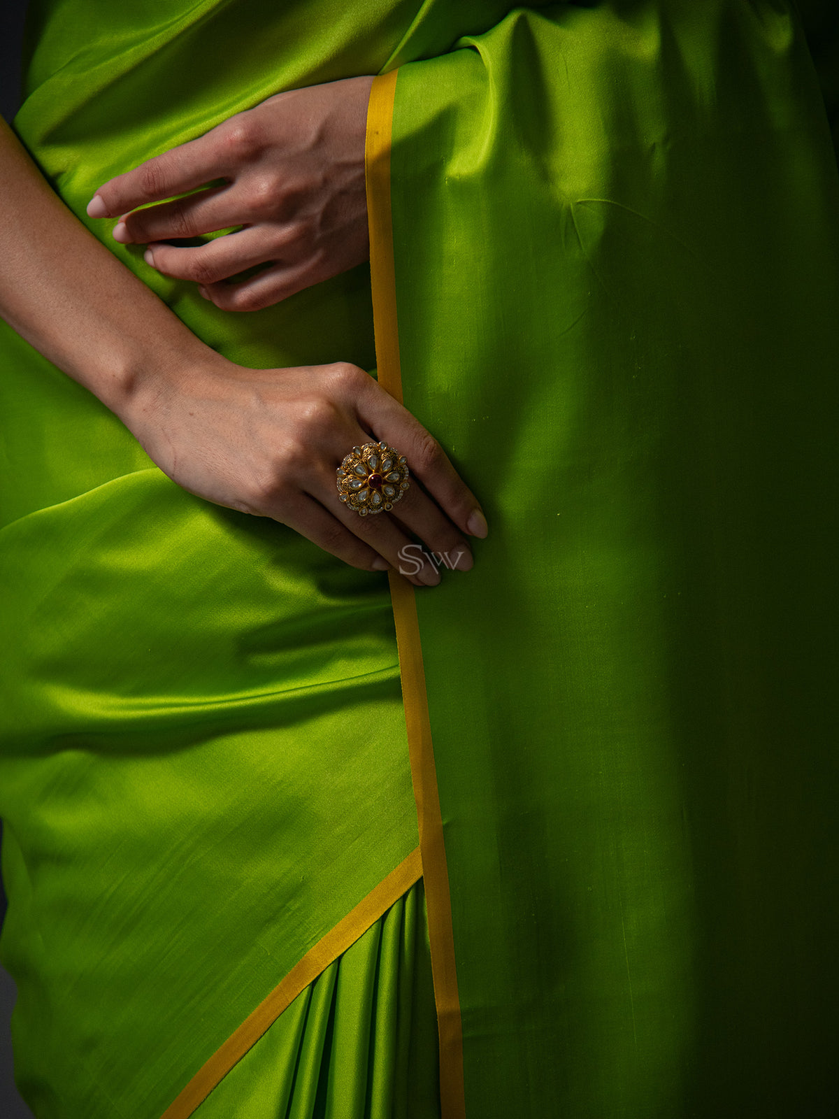 Parrot Green Plain Satin Silk Handloom Banarasi Saree - Sacred Weaves