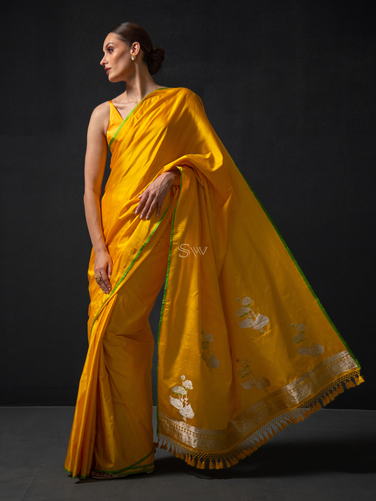 Yellow Plain Satin Handloom Banarasi Saree - Sacred Weaves