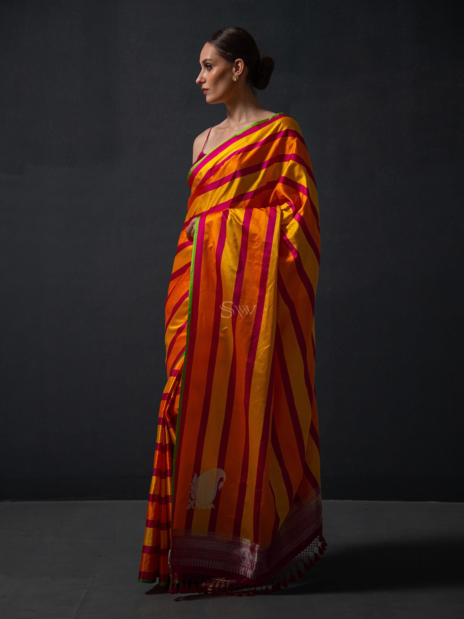 Mustard Orange Konia Satin Silk Handloom Banarasi Saree - Sacred Weaves