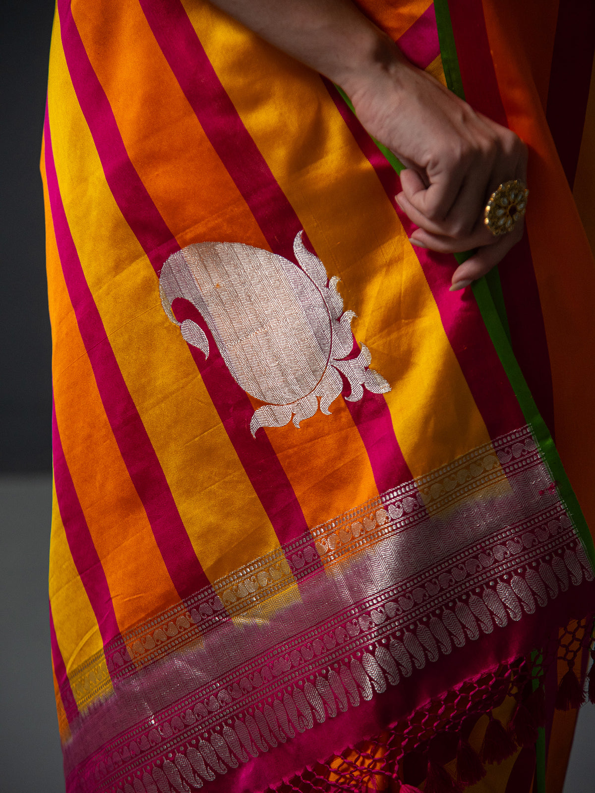 Mustard Orange Konia Satin Silk Handloom Banarasi Saree - Sacred Weaves