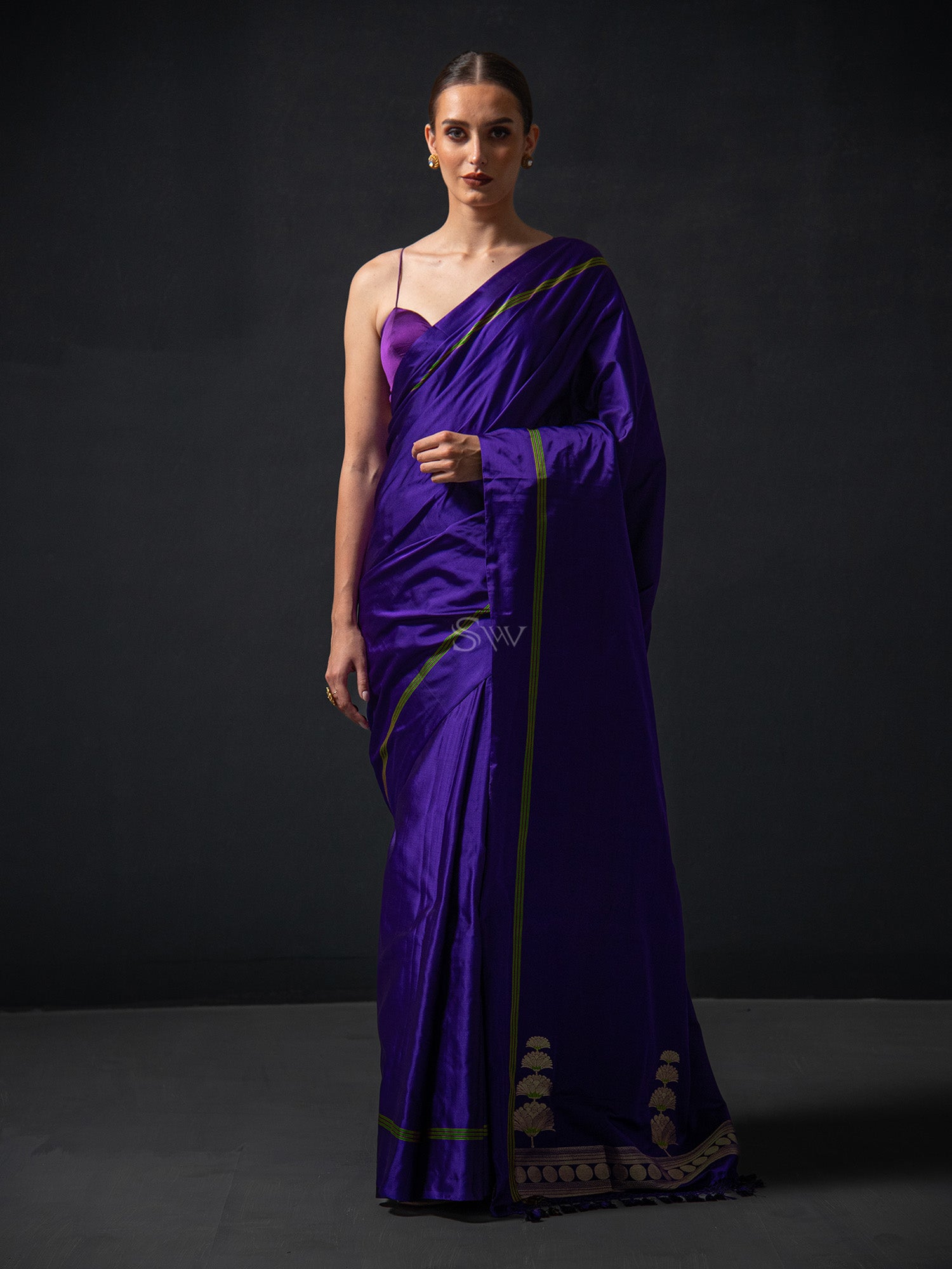 Purple Plain Satin Silk Handloom Banarasi Saree - Sacred Weaves