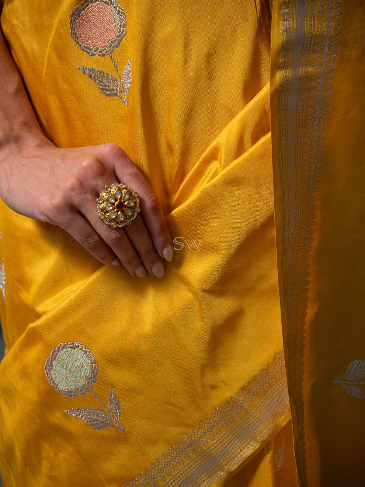 Yellow Boota Satin Silk Handloom Banarasi Saree - Sacred Weaves