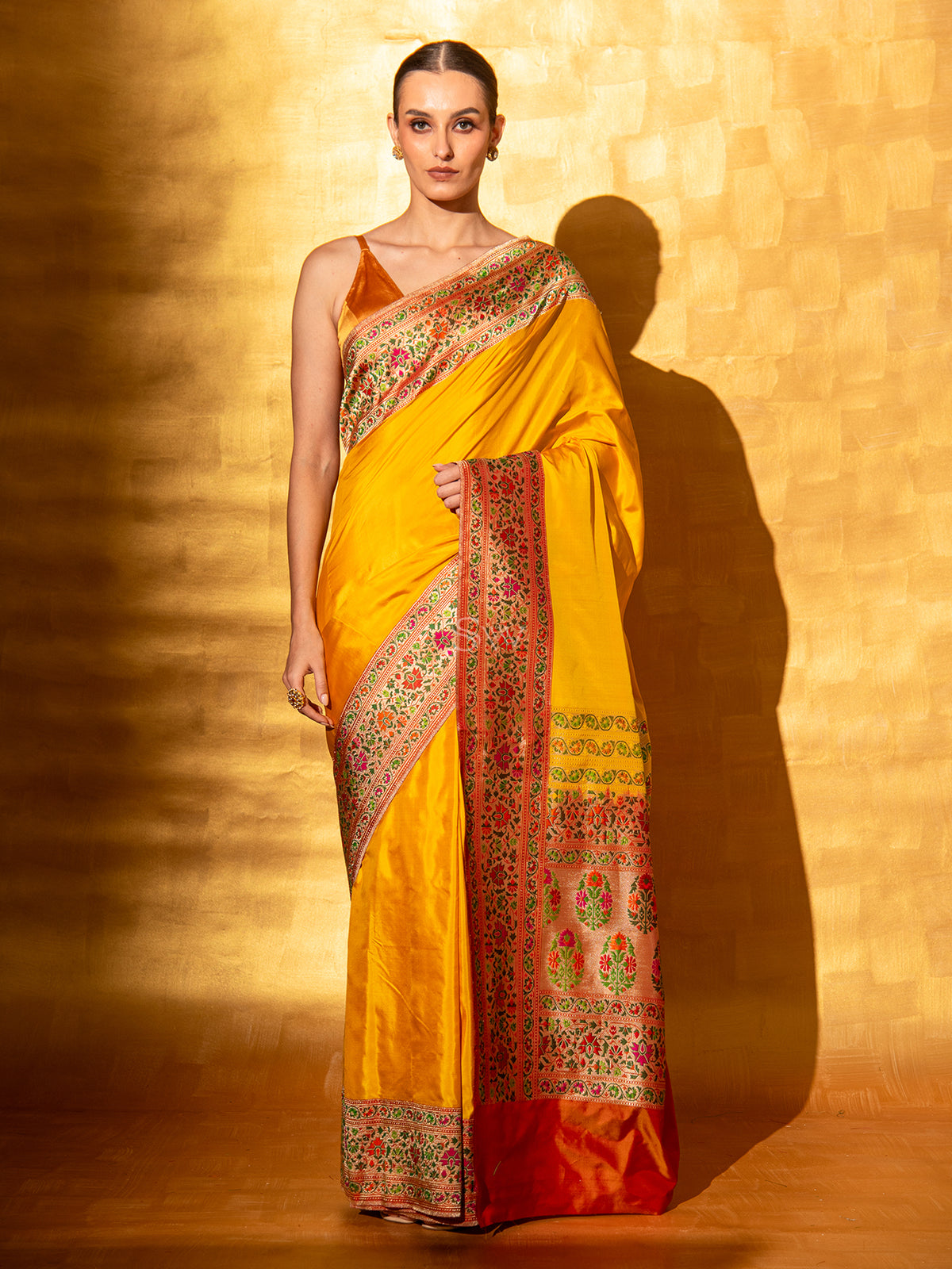 Mustard Paithani Katan Silk Handloom Banarasi Saree - Sacred Weaves