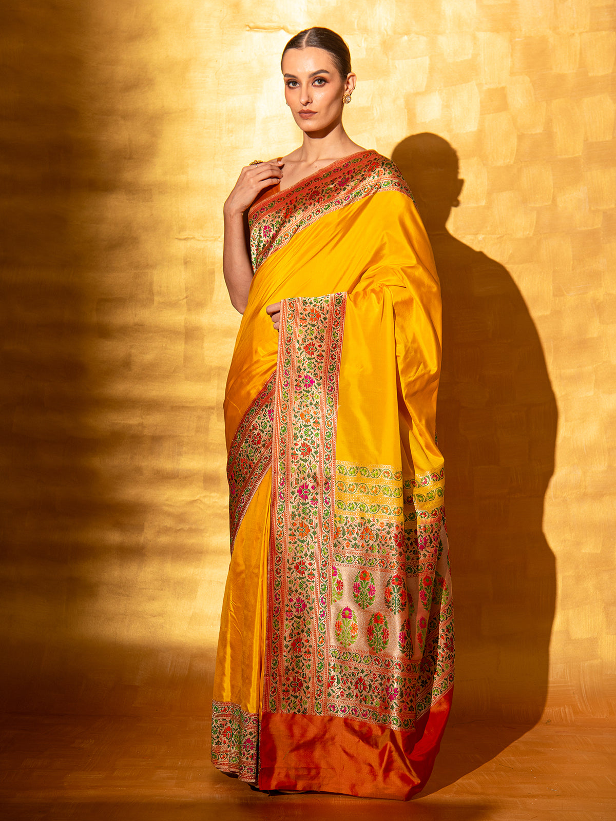 Mustard Paithani Katan Silk Handloom Banarasi Saree - Sacred Weaves