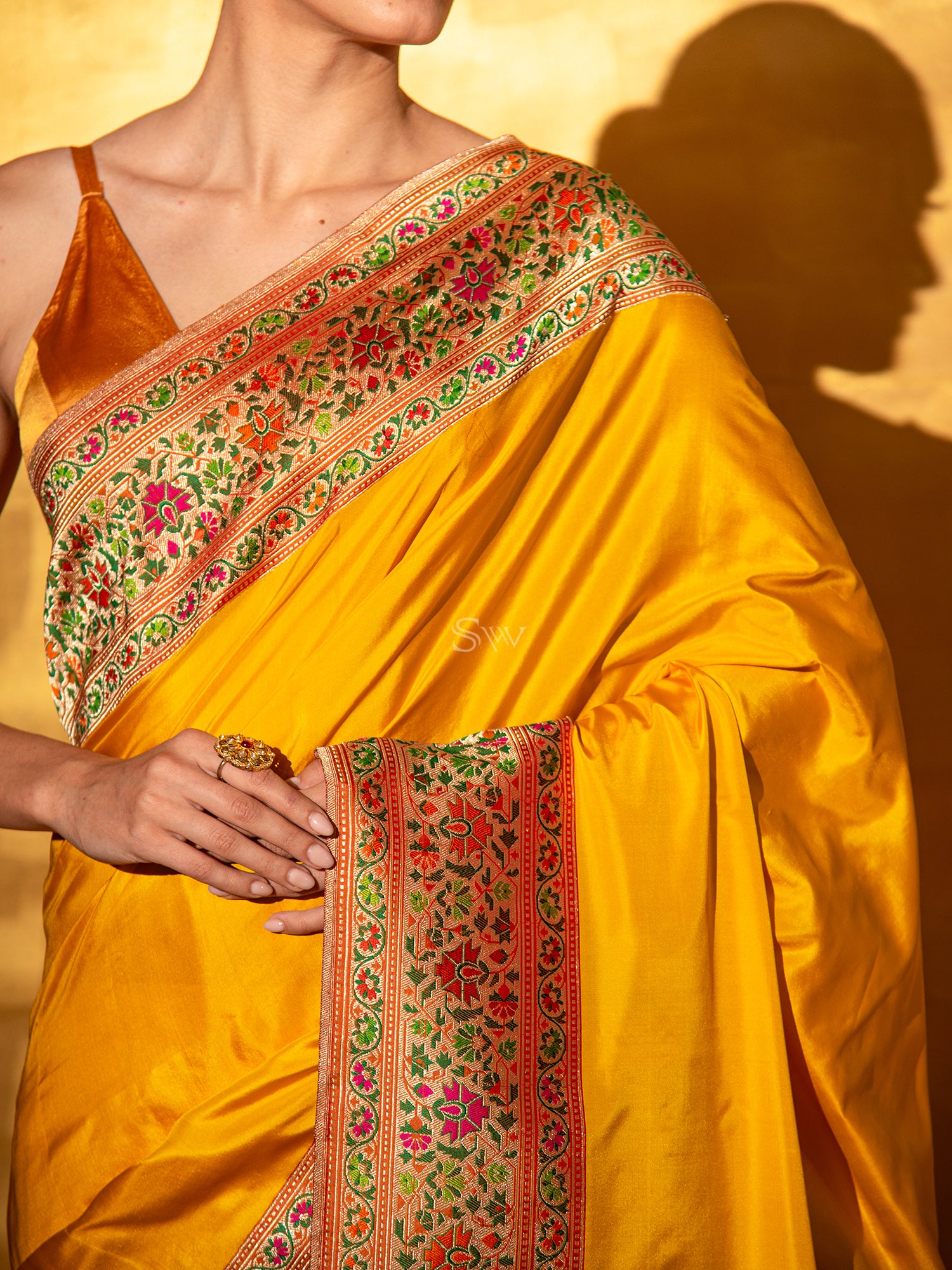 Mustard Paithani Katan Silk Handloom Banarasi Saree - Sacred Weaves