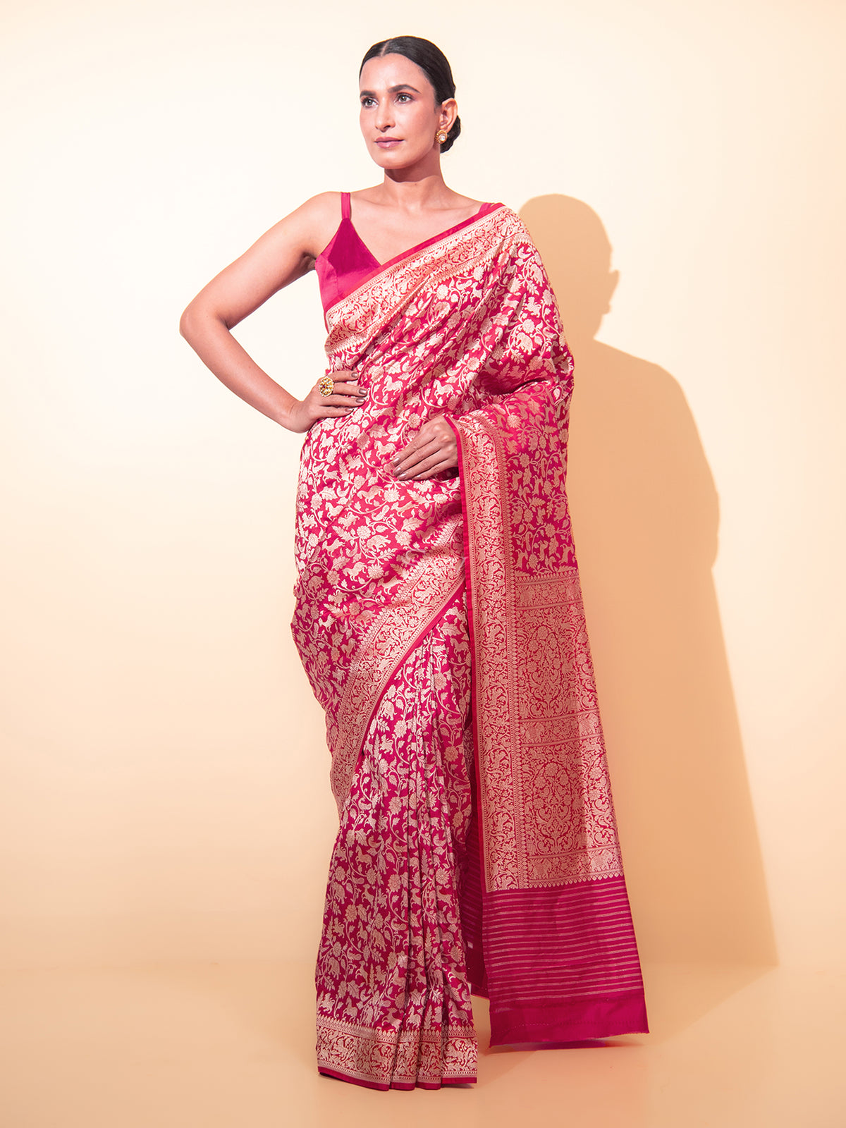 Red Pink Shikargah Katan Silk Handloom Banarasi Saree - Sacred Weaves