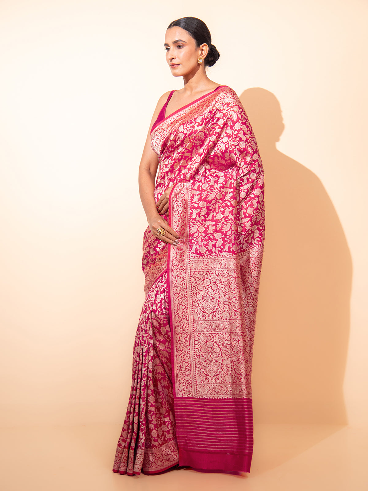 Red Pink Shikargah Katan Silk Handloom Banarasi Saree - Sacred Weaves